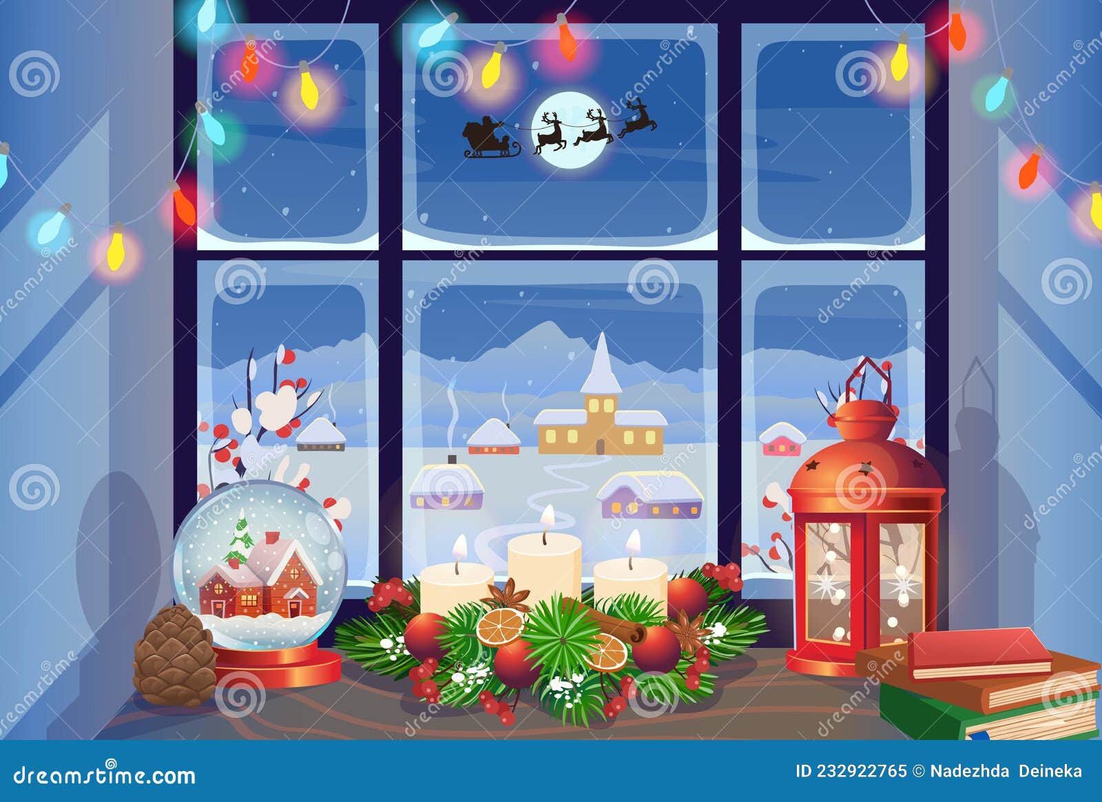 Christmas Window with Snow Glass Ball, Christmas Wreath, Red Lantern and Winter Landscape. Facades of Houses in Winter at Night Stock Vector - Illustration of cartoon, frame: 232922765 Christmas Window with Snow Glass Ball, Christmas Wreath, Red Lantern and Winter Landscape. Facades of Houses in Winter at Night Stock Vector - Illustration of cartoon, frame: 232922765