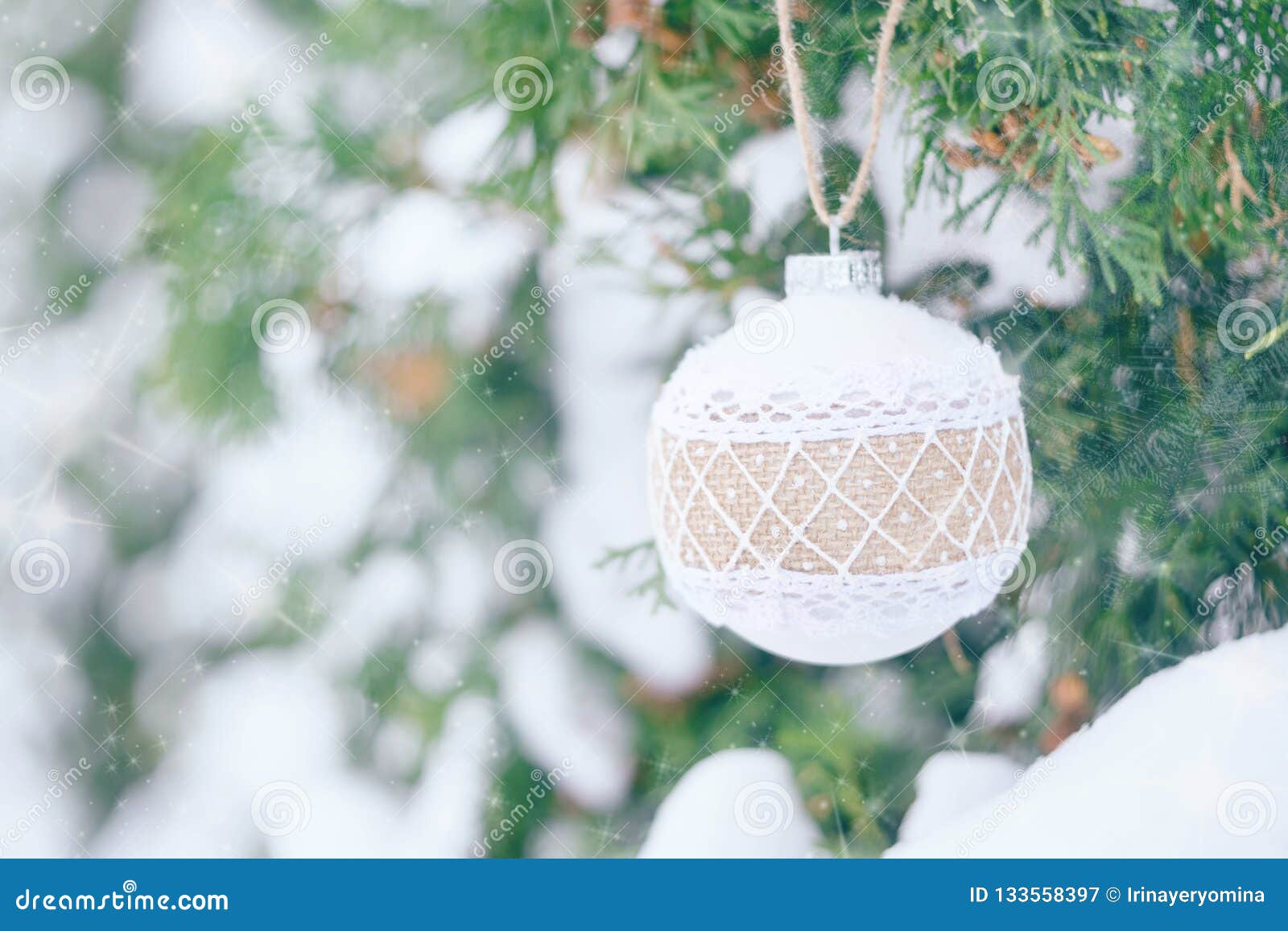 Christmas Snow Covered Christmas Tree With Ornament Winter Greeting Card 