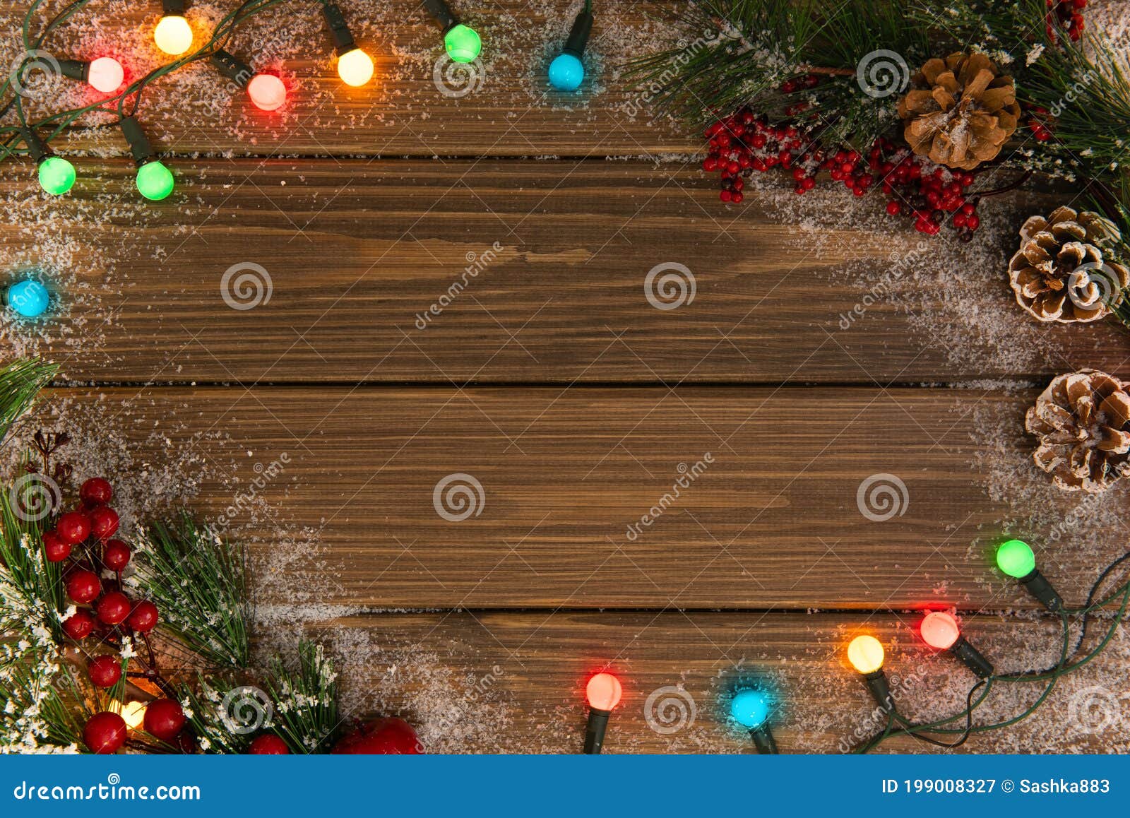 Christmas Wooden Background with Glowing Garland. Stock Image - Image ...