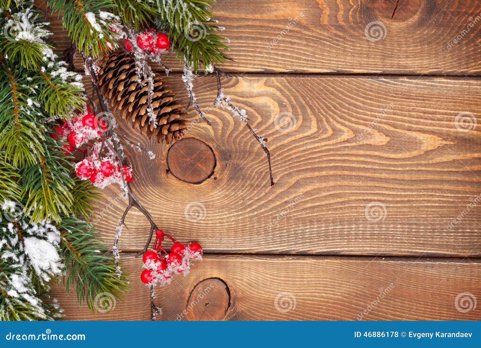 Christmas Wooden Background with Snow Fir Tree and Decor Stock Photo ...