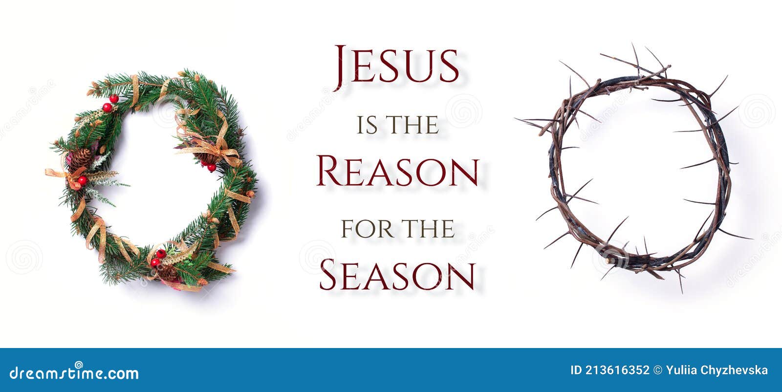 christmas wreath and crown of thorns on white background. remember the real reason of the season. christian christmas