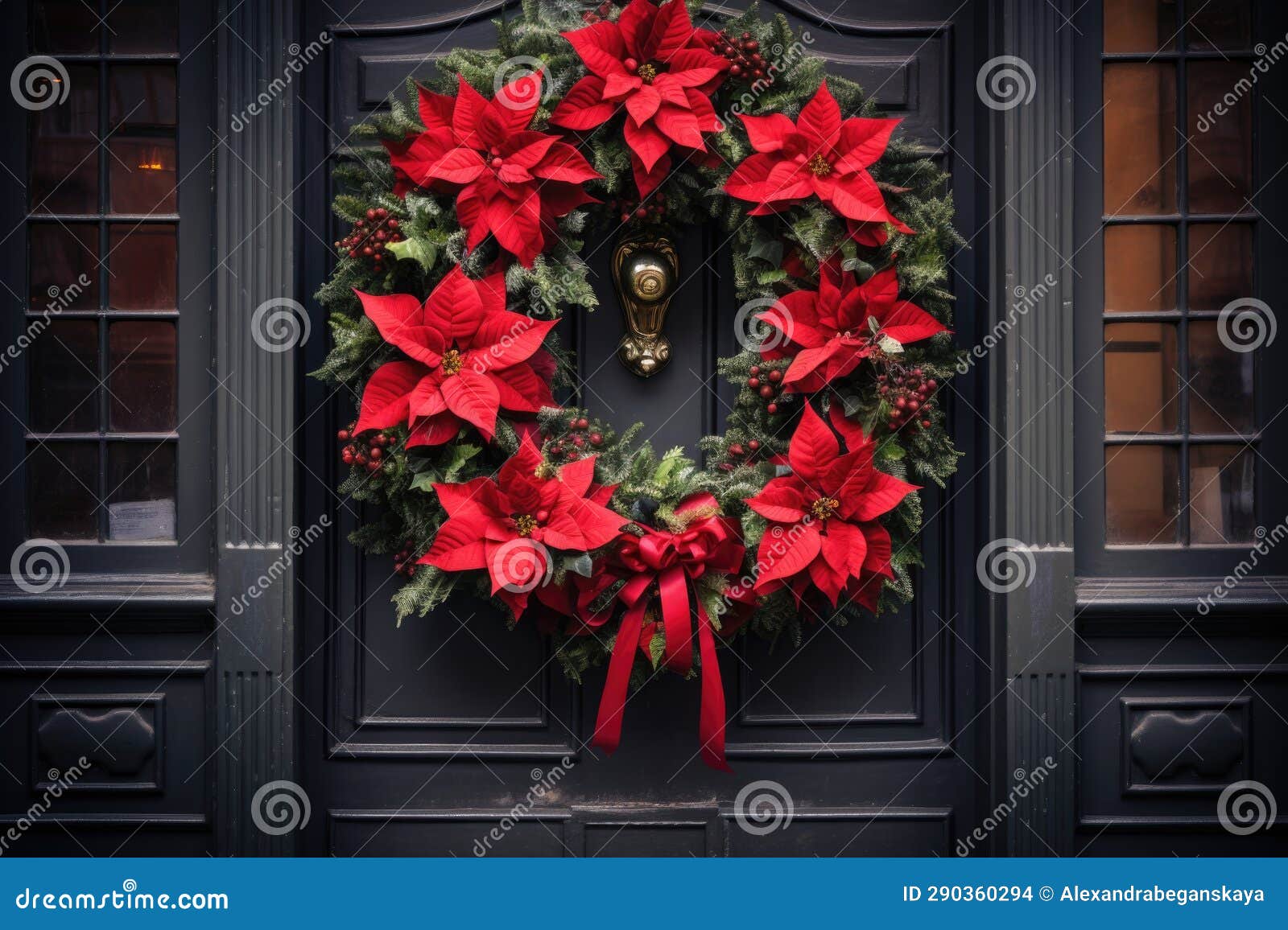 Christmas Wreath on the Front Door with Red Flowers Stock Illustration