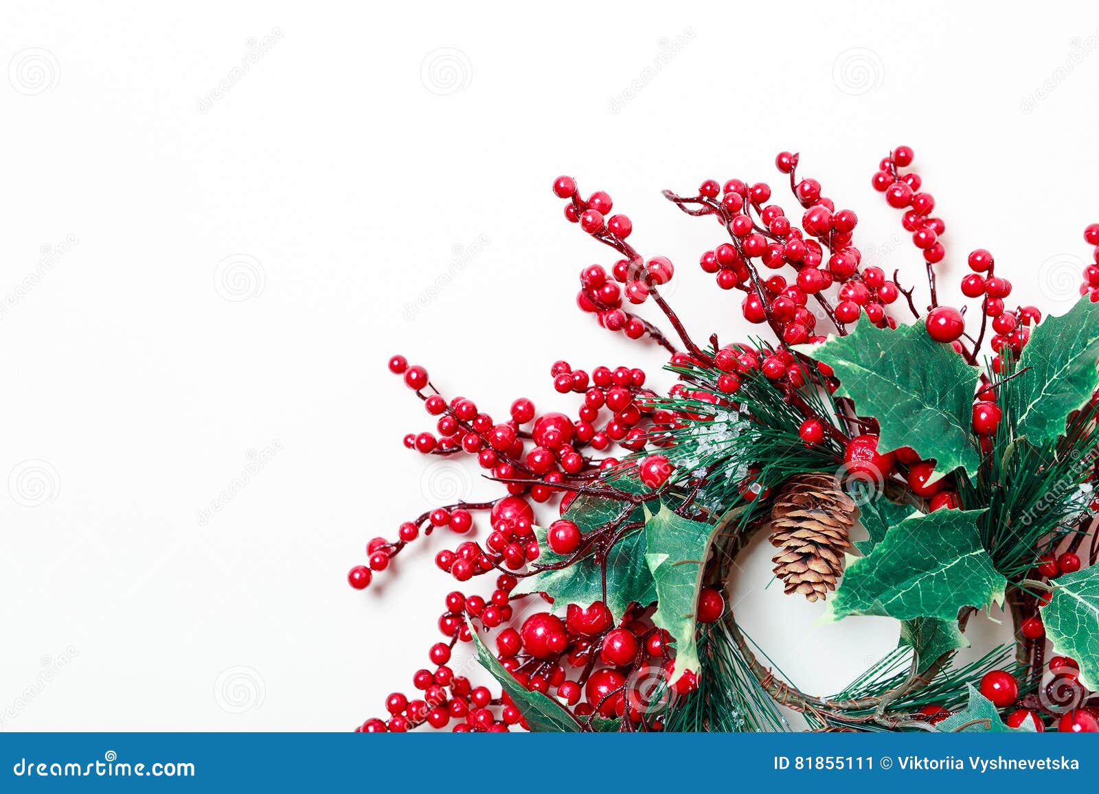 Christmas Wreath of Holly Berries and Evergreen Isolated on White ...