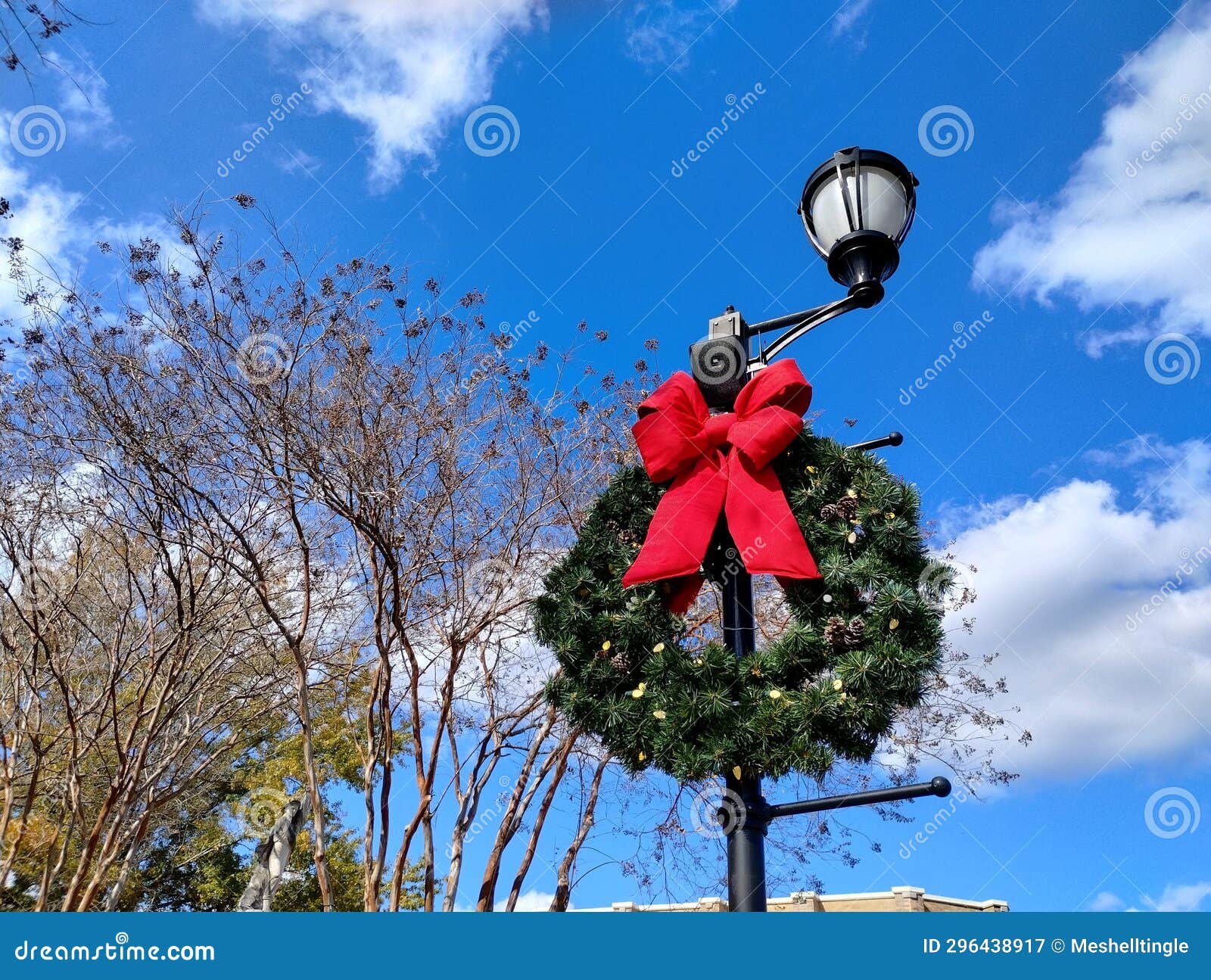 Christmas Wreath on Light Pole Blue Sky Stock Image Image of wreath