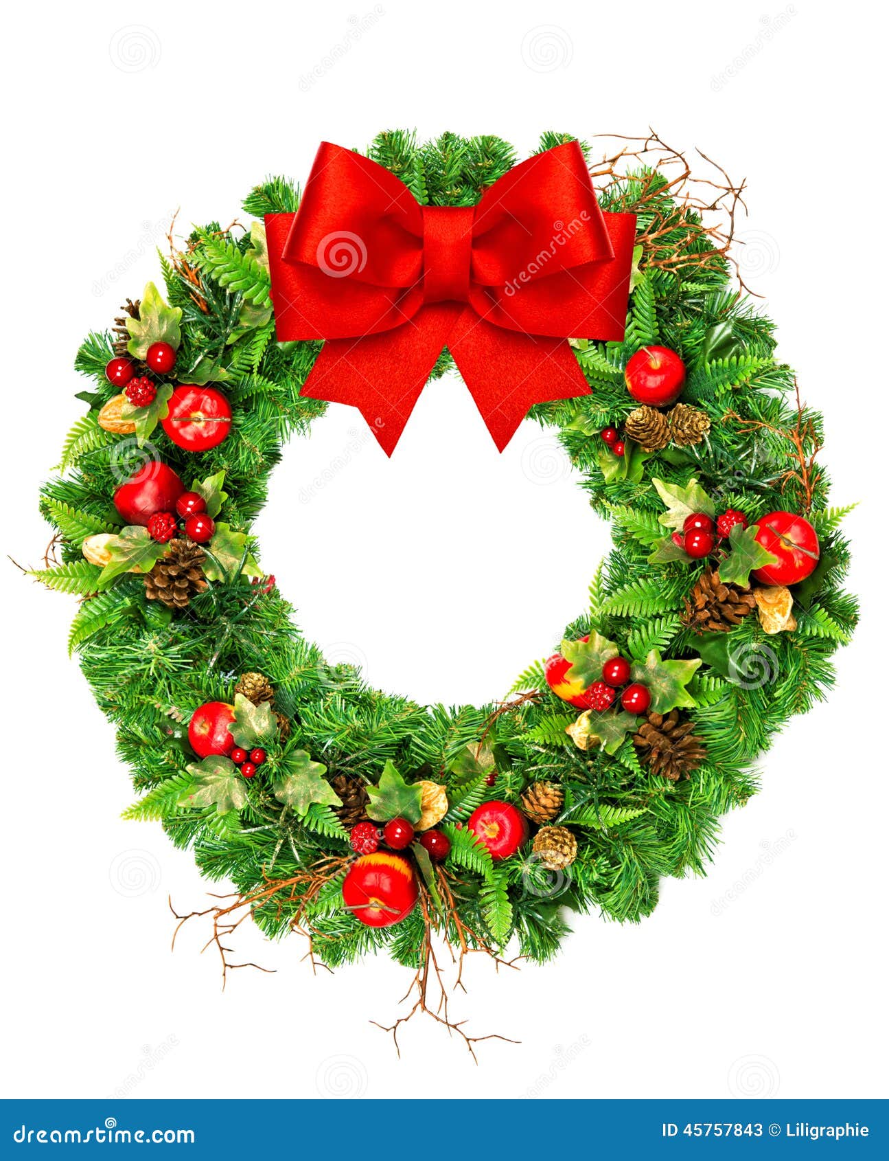 Christmas Wreath with Red Ribbon Bow Isolated on White Stock Image
