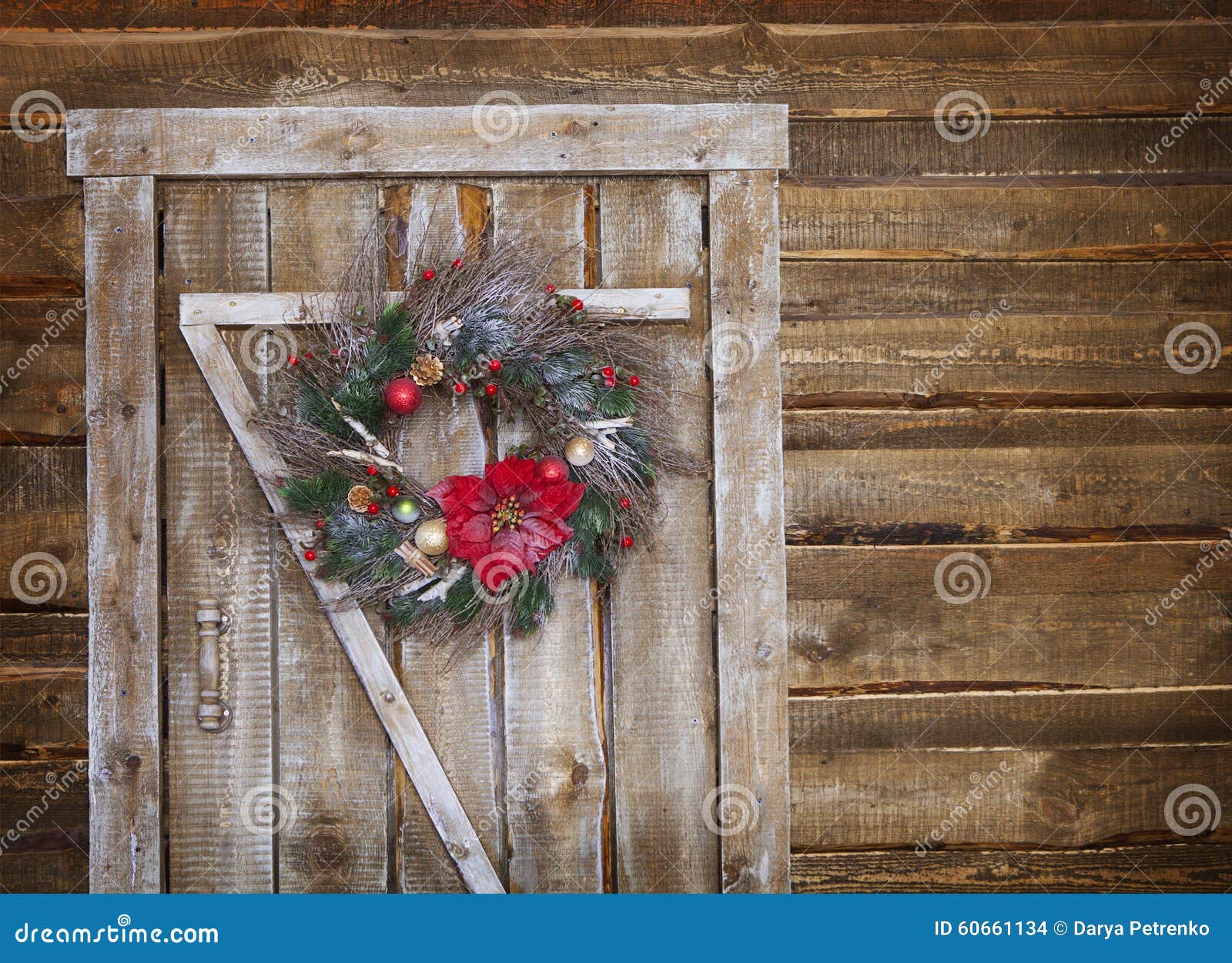 Christmas Wreath on a Rustic Wooden Door Stock Photo Image of object