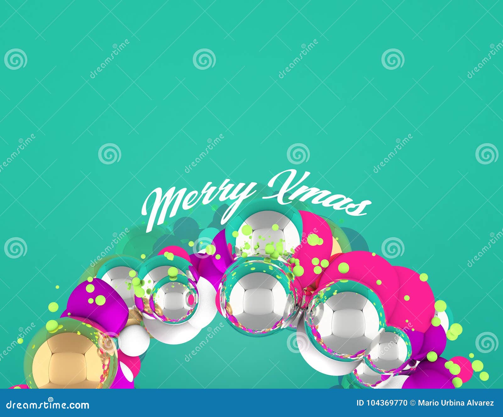 christmas wreath with spheres at bottom and green background, merry xmas.