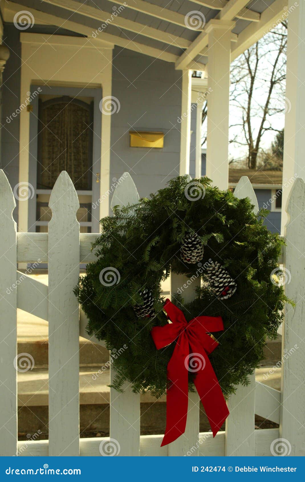 Christmas Wreath on White Picket Fence Stock Photo Image of residence