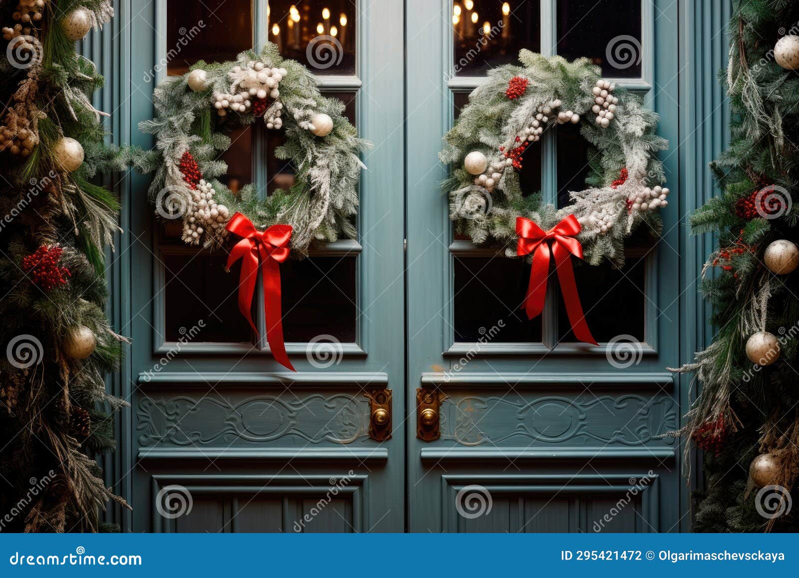 Christmas Wreaths on the Front Doors of the House Stock Illustration