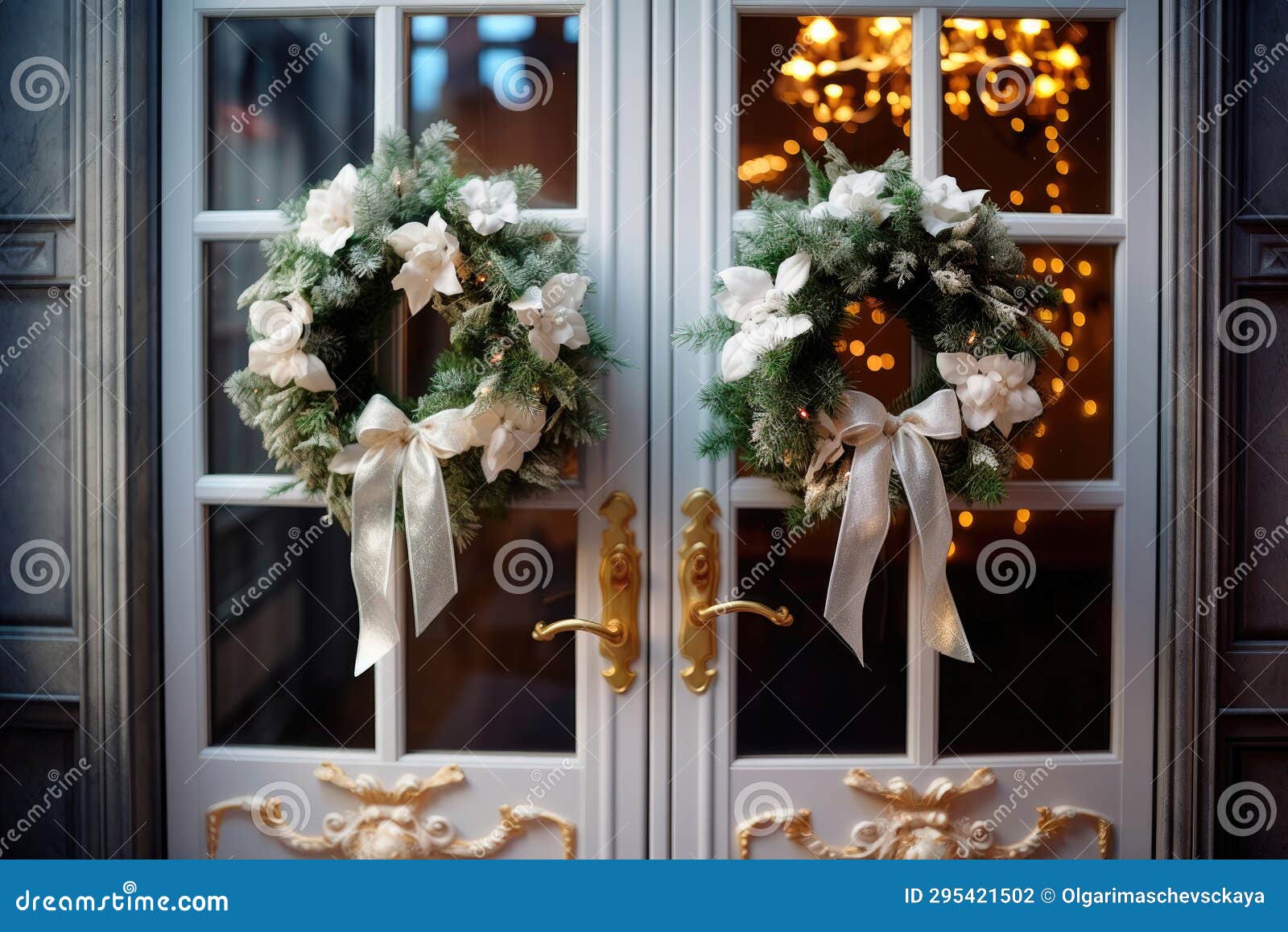 Christmas Wreaths on the Front Doors of the House Stock Illustration