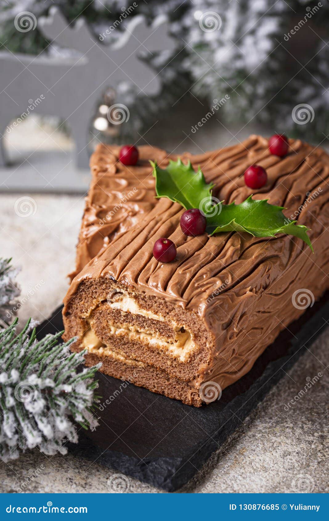 Christmas Yule Log Cake. Traditional Chocolate Dessert Stock Image ...