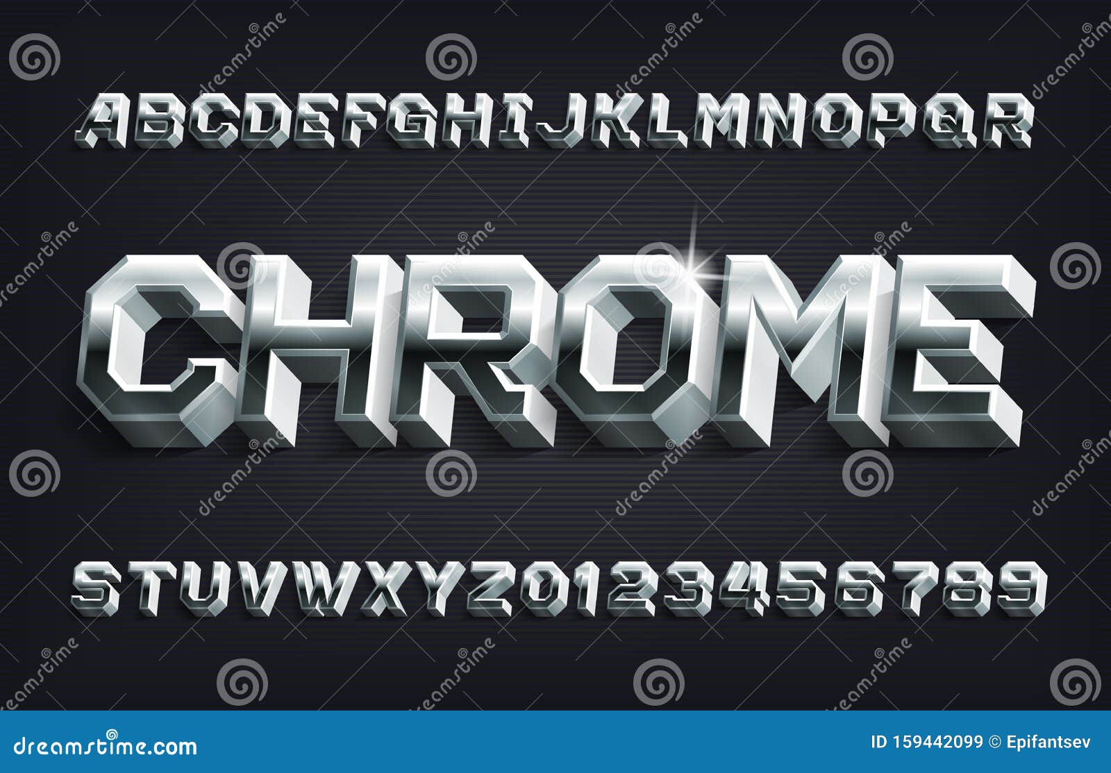 Chrome, steel or silver letters and numbers vector alphabet. Metallic  typeface, font Stock Vector