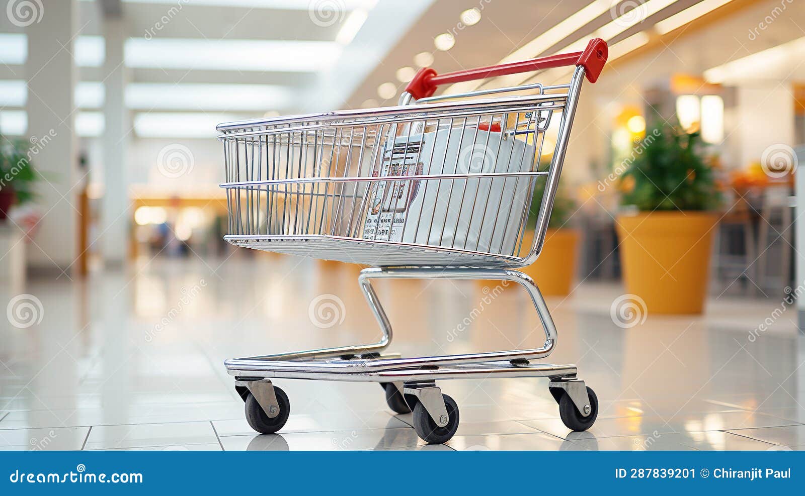 Chrome Shopping Cart in Empty Supermarket Aisle Stock Image Image of