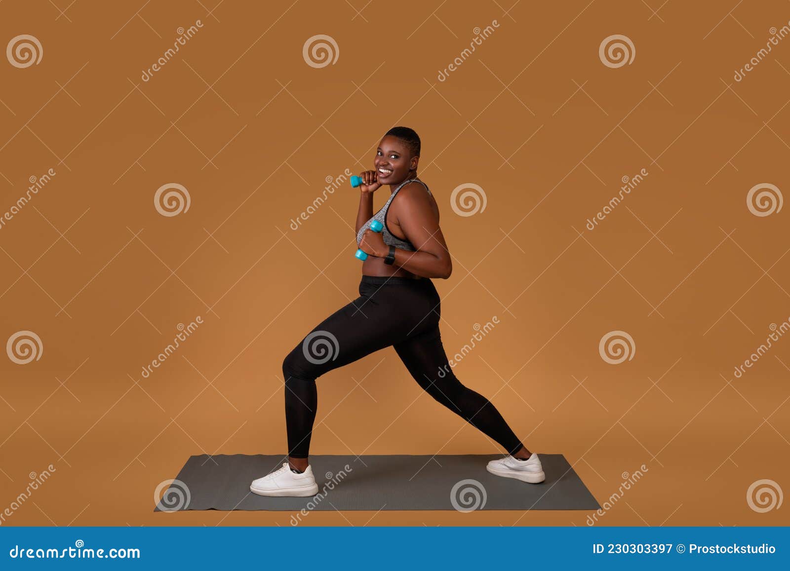 Cheerful plus size black woman doing yoga on sports mat at home, free space  Stock Photo by Prostock-studio