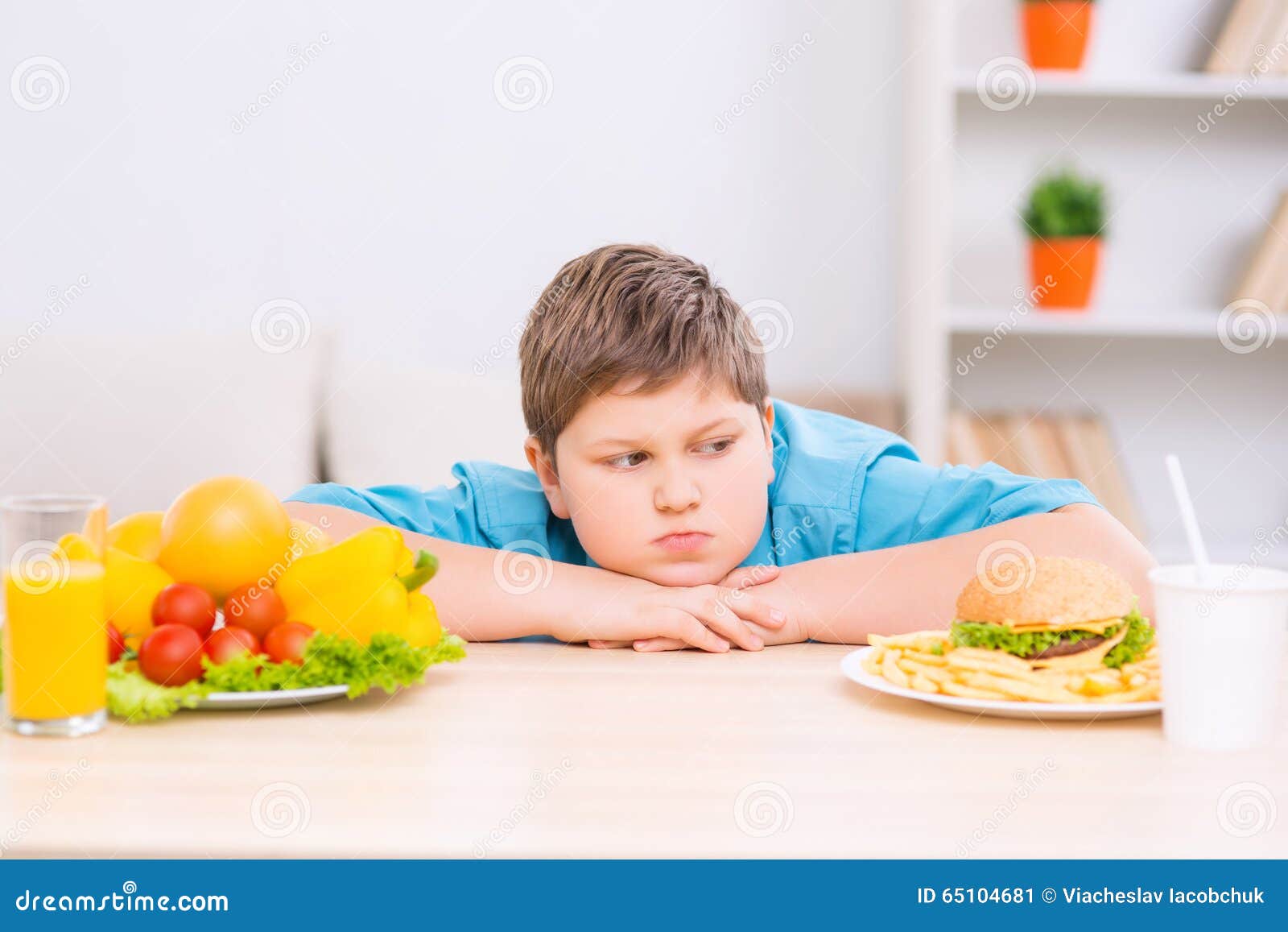 chubby boy is looking at junk food plate