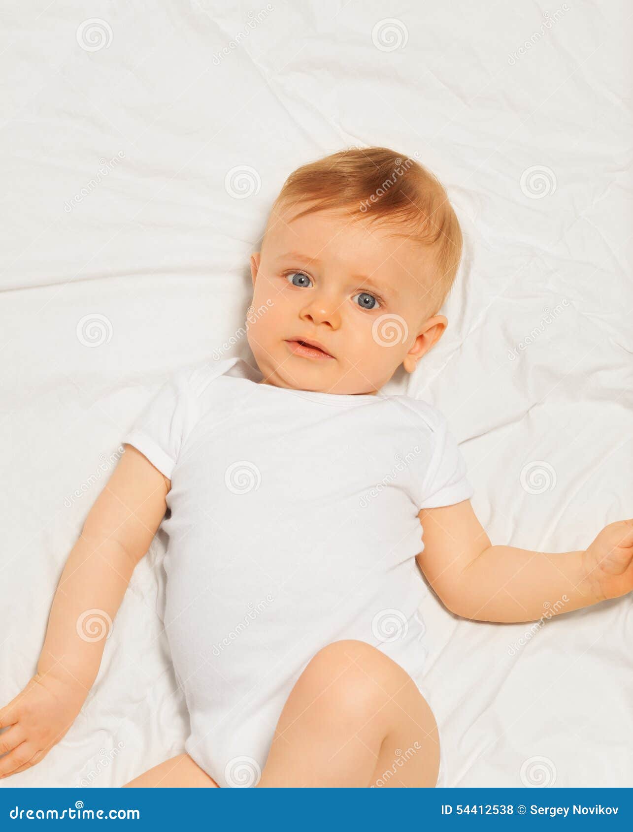 Chubby Sad Small Baby Wearing White Bodysuit Lay Stock Photo - Image of ...