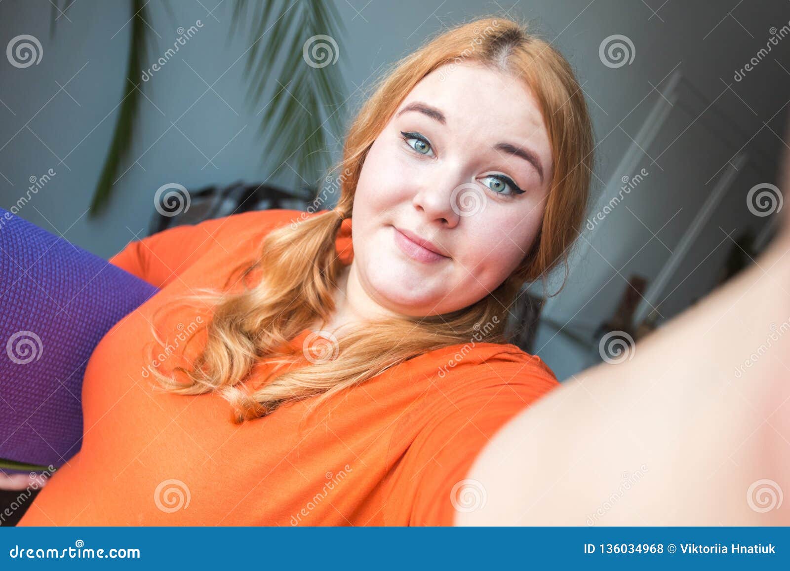 Chubby Woman Sport At Home Standing With Mat Taking Selfie Photos 