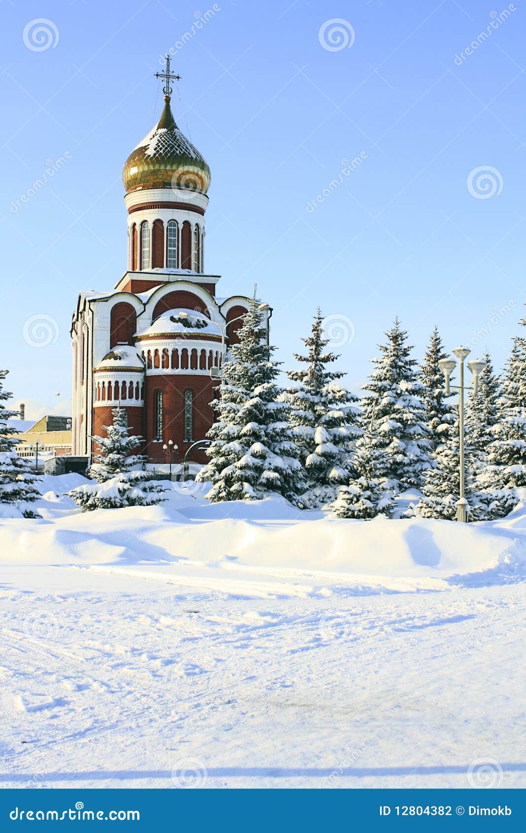 Church Against The Blue Sky And Snow Covered Fir Stock Photo Image Of