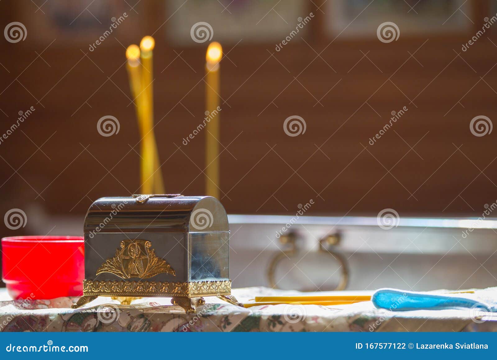 Church Candles, Accessories for Baptism Stock Photo Image of