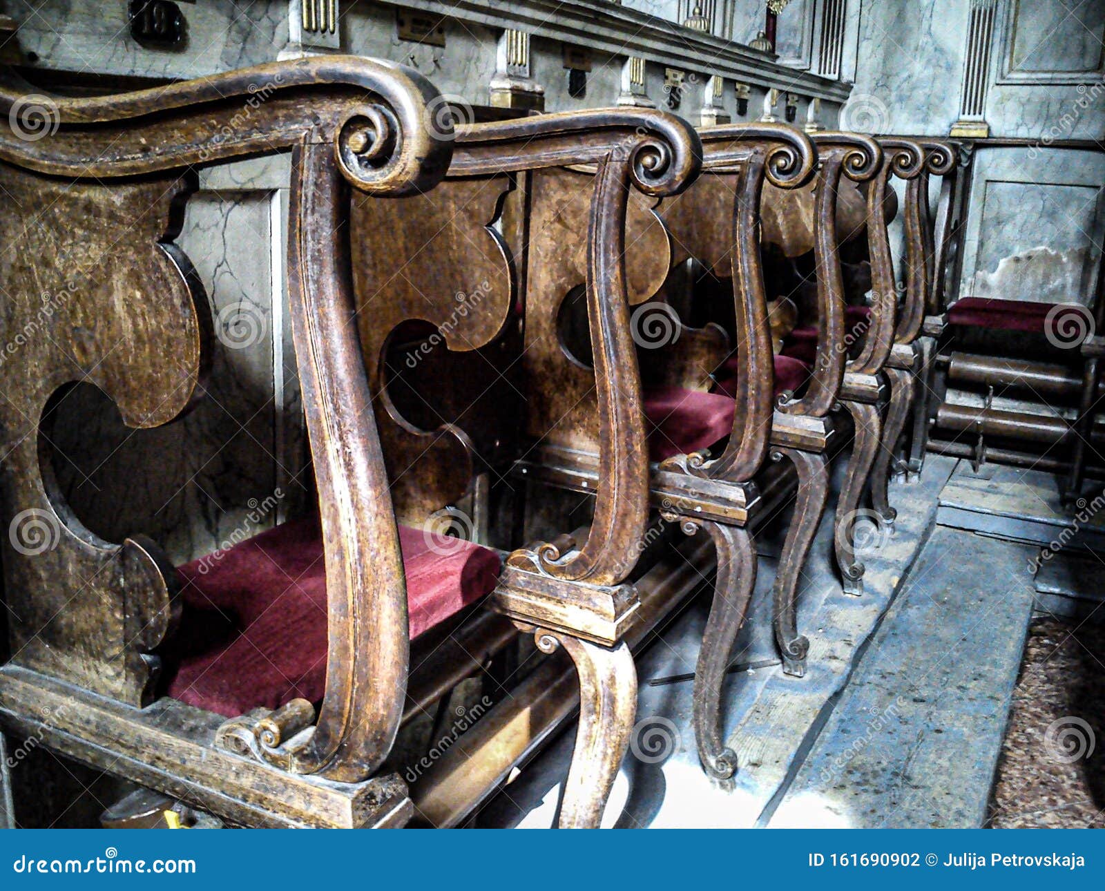 Church Chairs Or Benches Inside A Church The Chairs Are Decorated