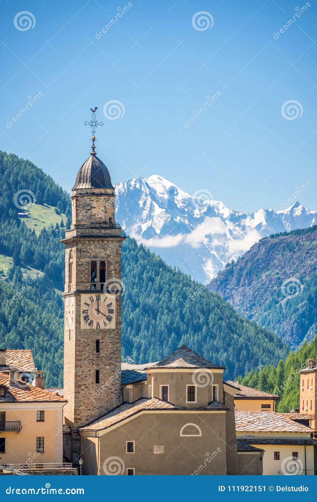 church of cogne, monte bianco mont blanc in the background, grand paradiso national park, aosta valley in the alps italy