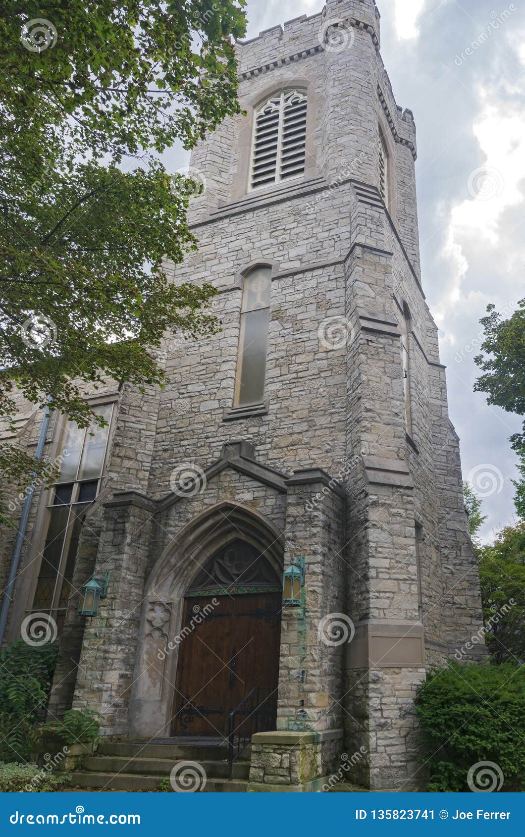 Church Corner and Gothic Tower in Milwaukee Wisconsin Stock Image