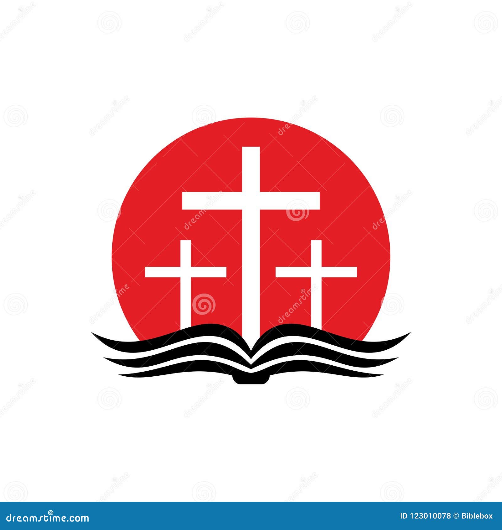Church Logo Three Crosses Sunrise And Open Bible Stock Vector