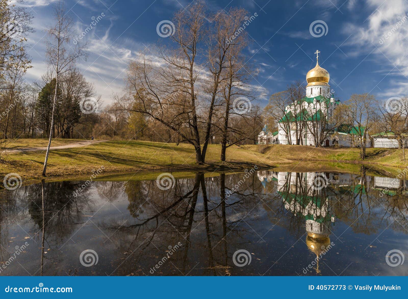 Church Next To the Spring Pond Stock Image Image of cloudscape, trees