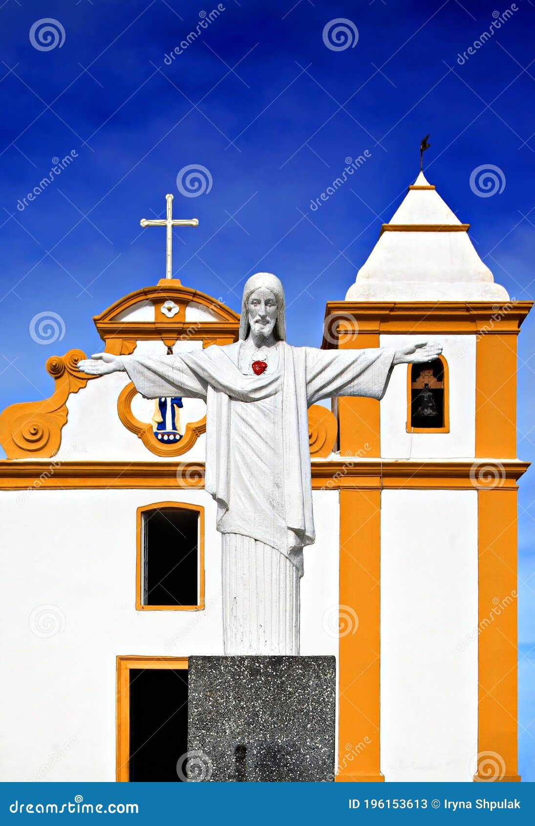 church nossa senhora d`ajuda, porto seguro, bahia, brazil, south america. statue of jesus christ in the