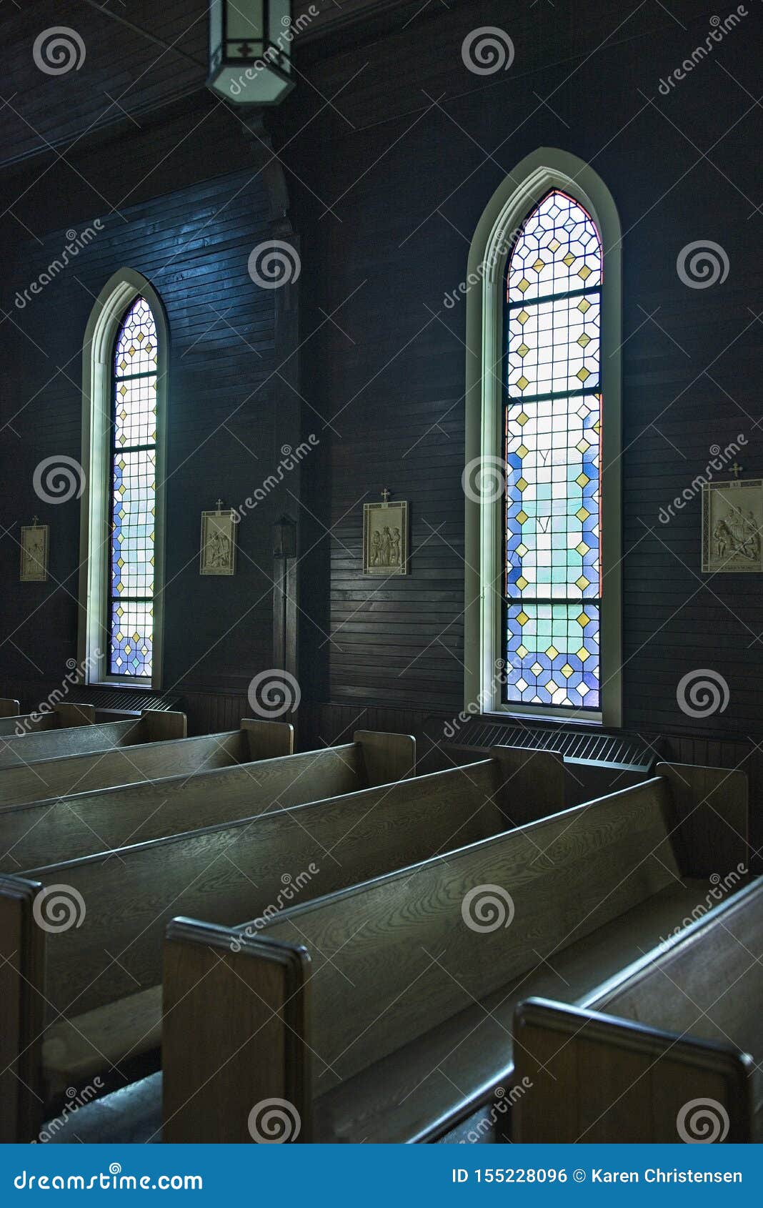 Church Pews with Stained Glass Windows Stock Photo Image of belief, christianity 155228096
