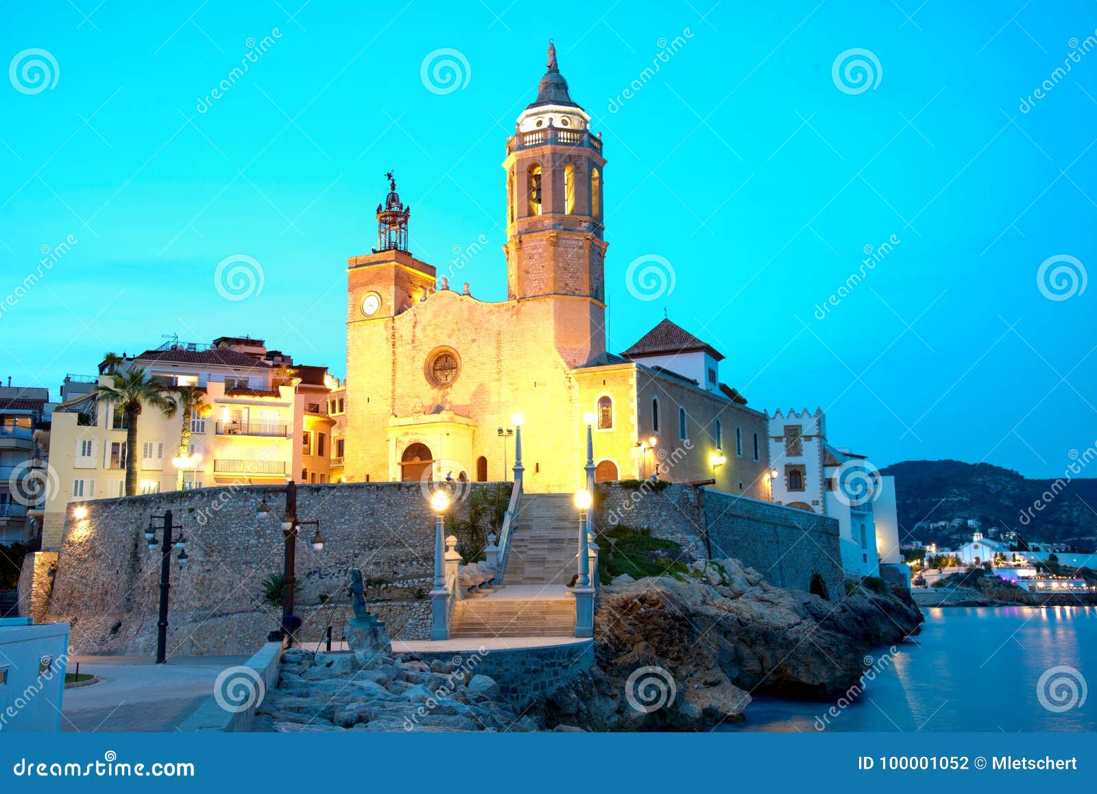 church of sant bertomeu and santa tecla in sitges by night .costa brava, spain.