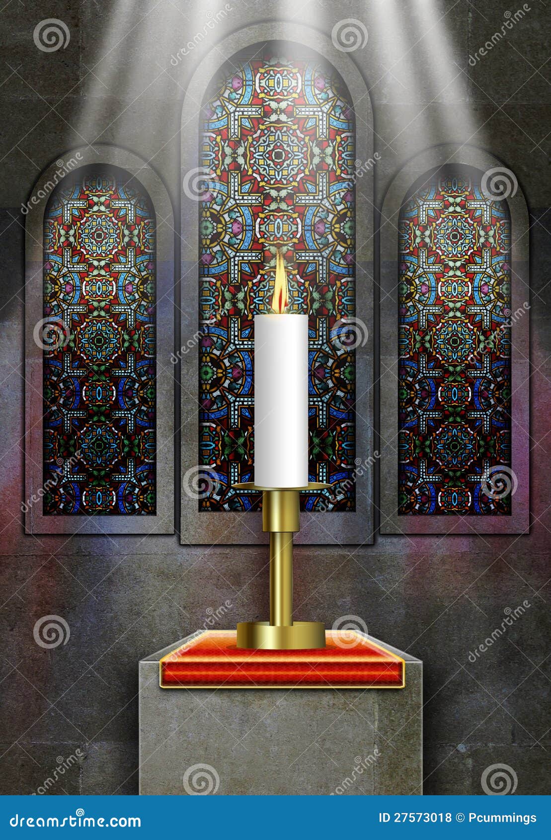 Church Stained Glass Windows with Lit Candle Stock Illustration