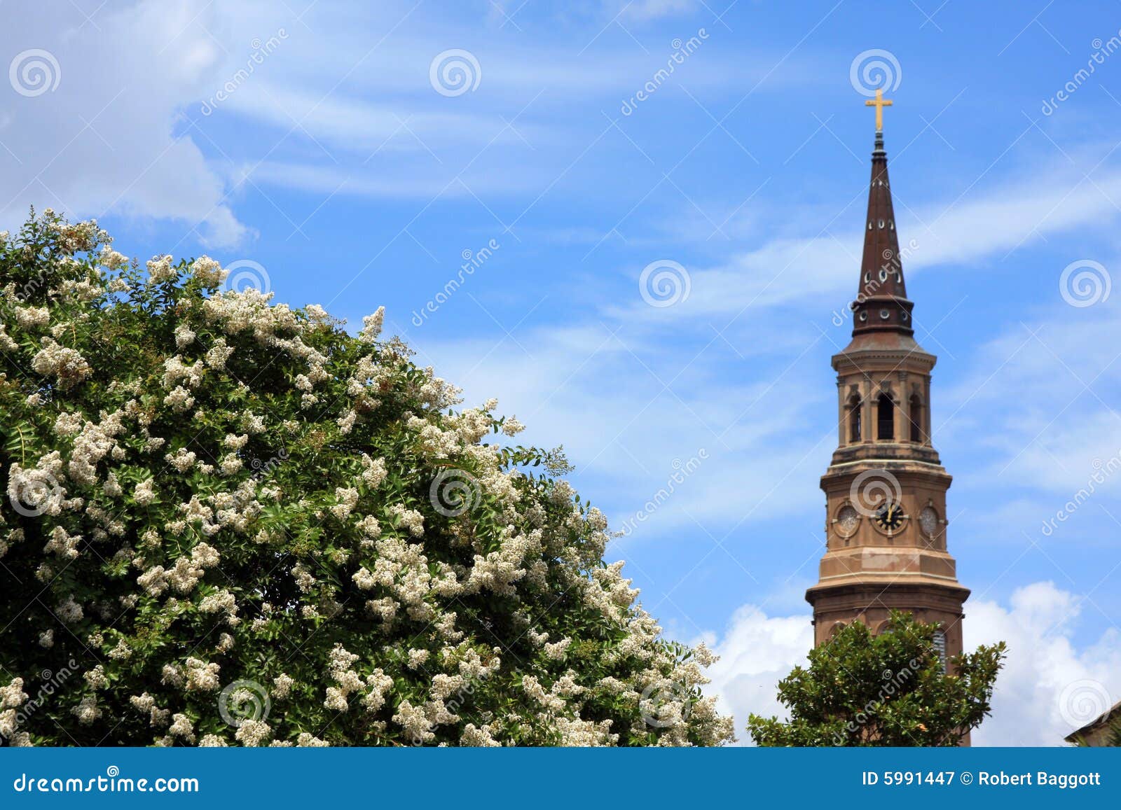 church steeple and flowers