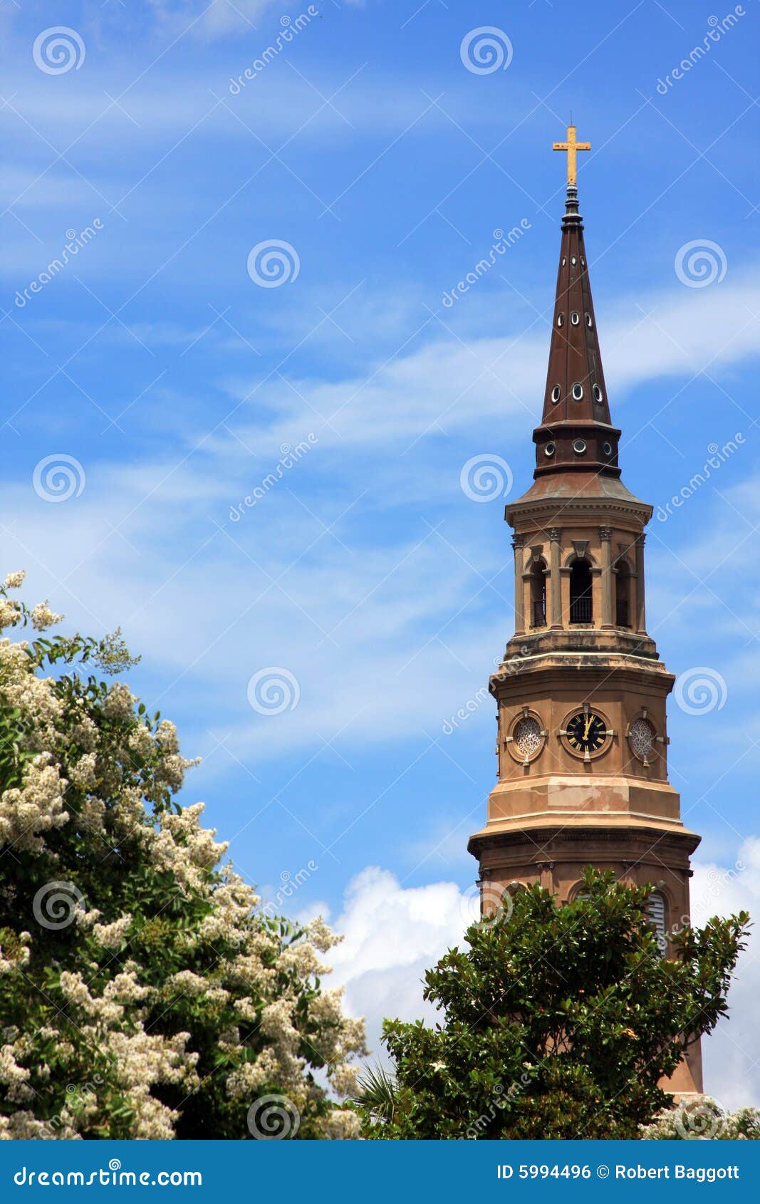 church steeple and flowers
