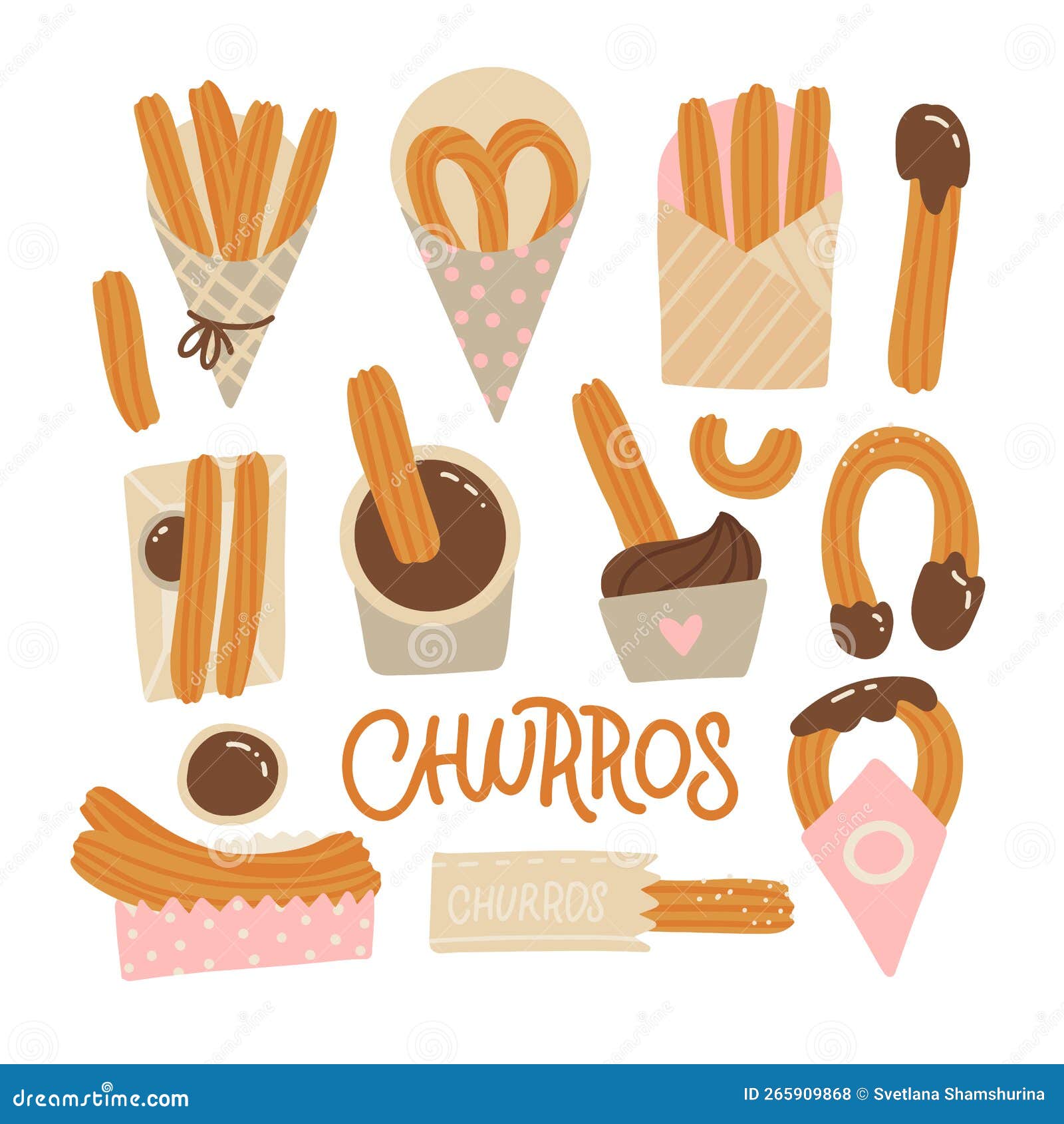 churros set . mexican chocolate confection. churro food in different packages. flat hand drawn  .