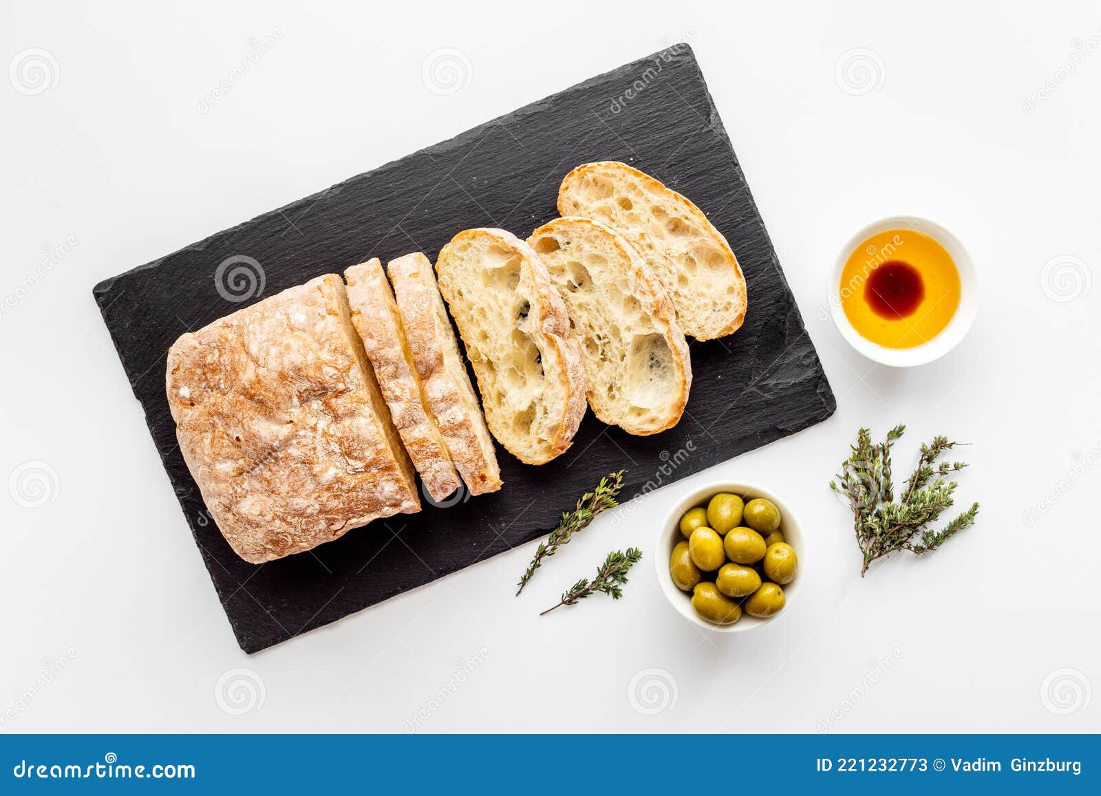 Ciabatta Italian Bread with Olive Oil and Balsamic Vinegar Stock Image