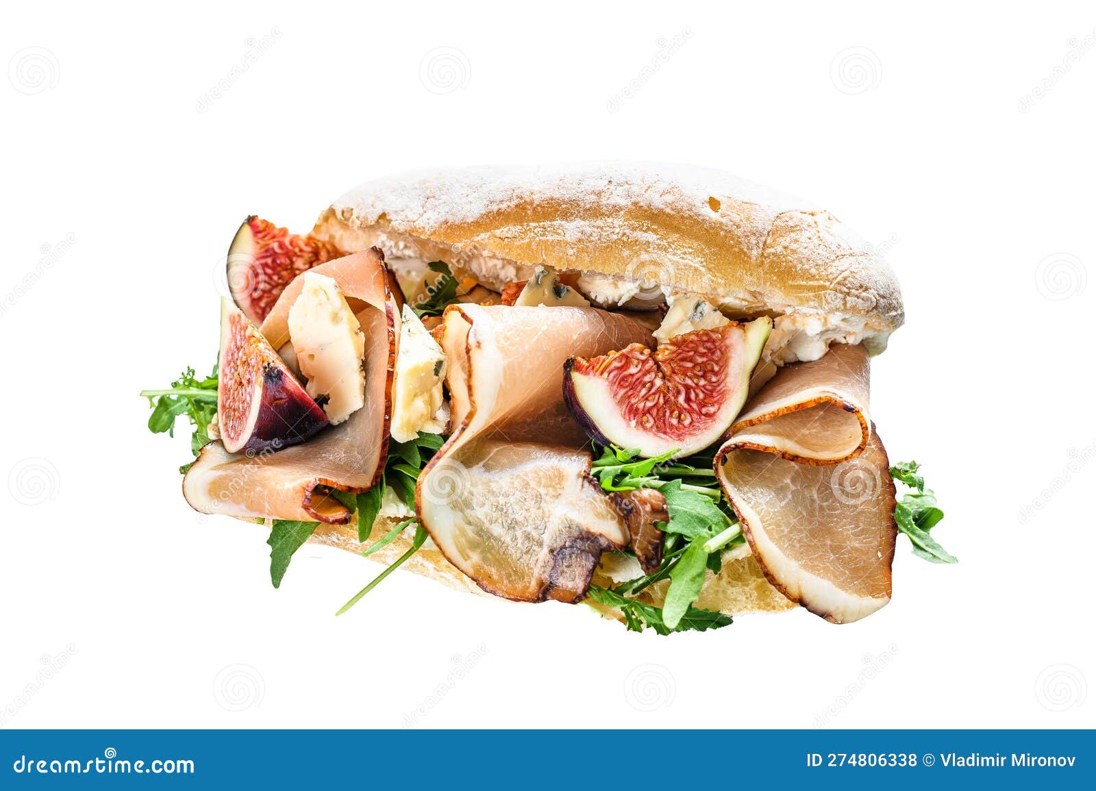 Ciabatta Sandwich with Arugula, Fig, Prosciutto and Blue Cheese. Isolated on White Background