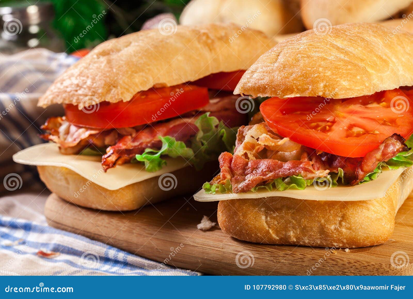 Ciabatta Sandwich with Smoked Bacon, Cheese and Tomato Stock Photo