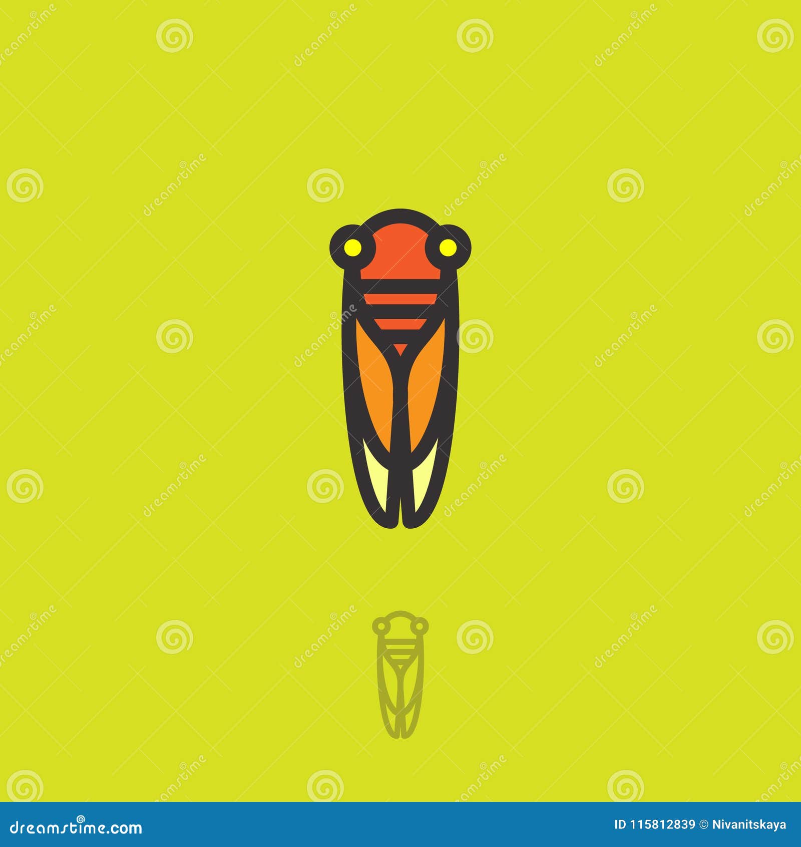 cicada flat logo. cicada icon. linear logo. yellow-orange small cicada on a green-yellow background.