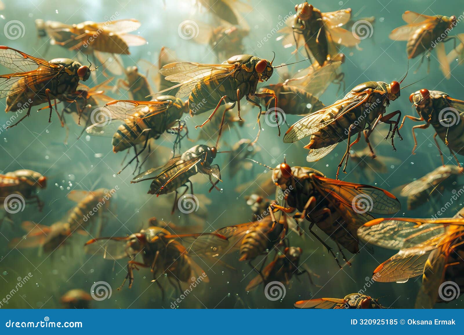 cicadas invasion, a huge number of cicadas in city, clouds of insects, locusts invasion