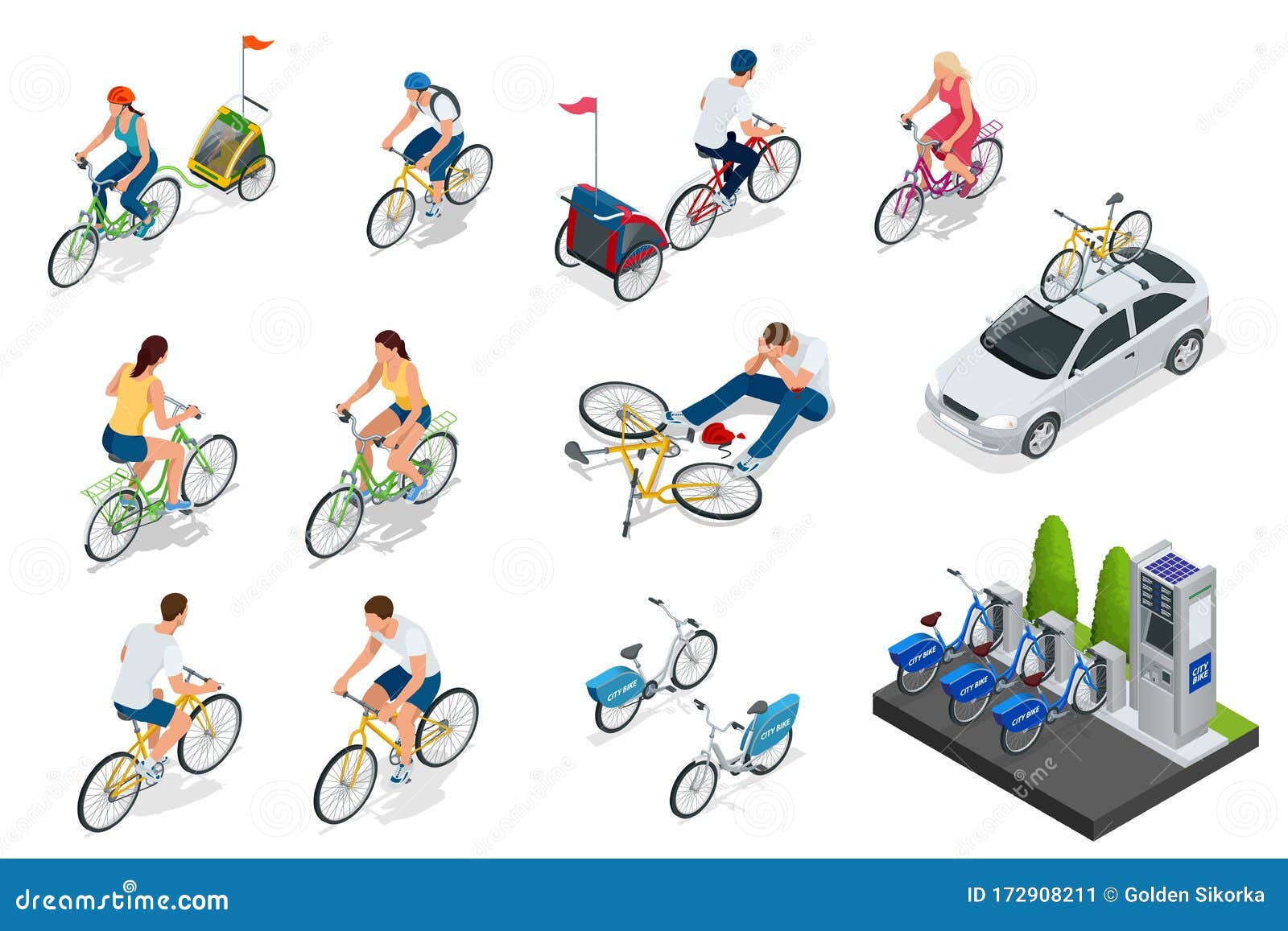 Ciclistas, Coche Con Soporte Para Bicicletas, Aparcamiento Para Bicicletas  Personas Isométricas En Bicicletas Ciclistas Familiare Ilustración del  Vector - Ilustración de verde, bici: 172908211