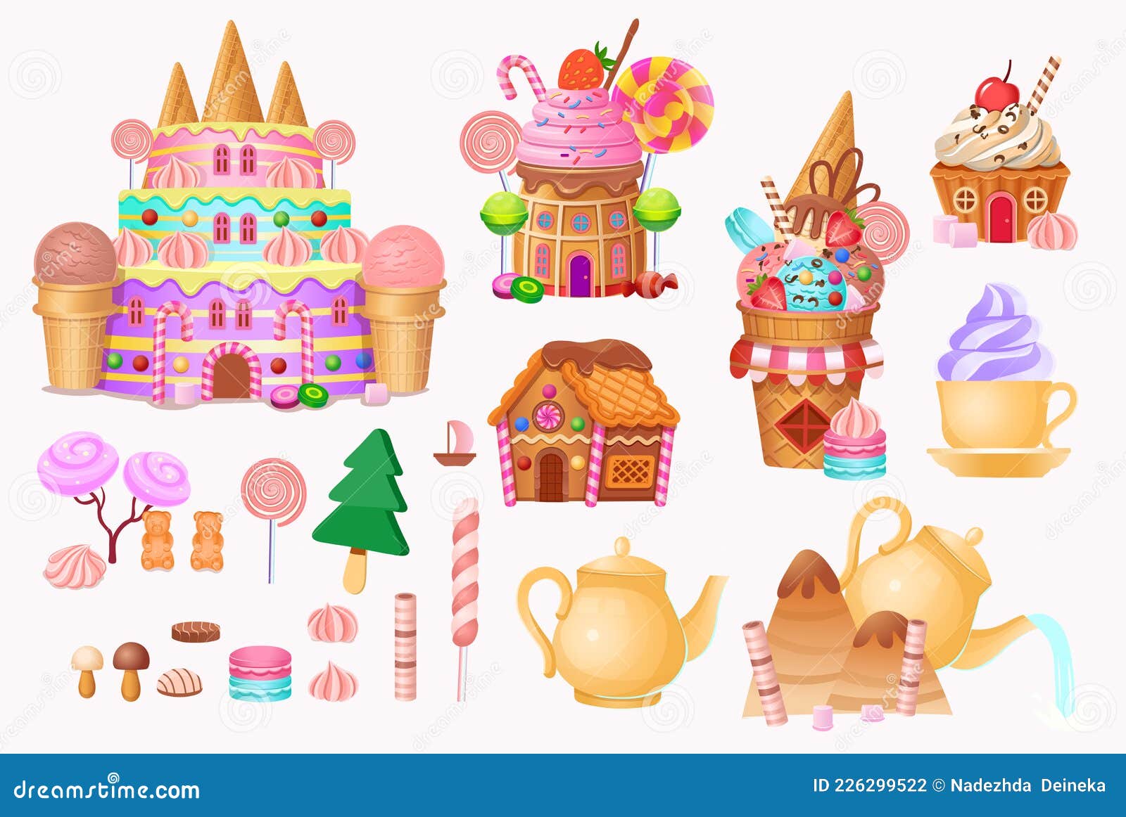 Conjunto de vetores de desenhos animados de jogos de doces e bolos