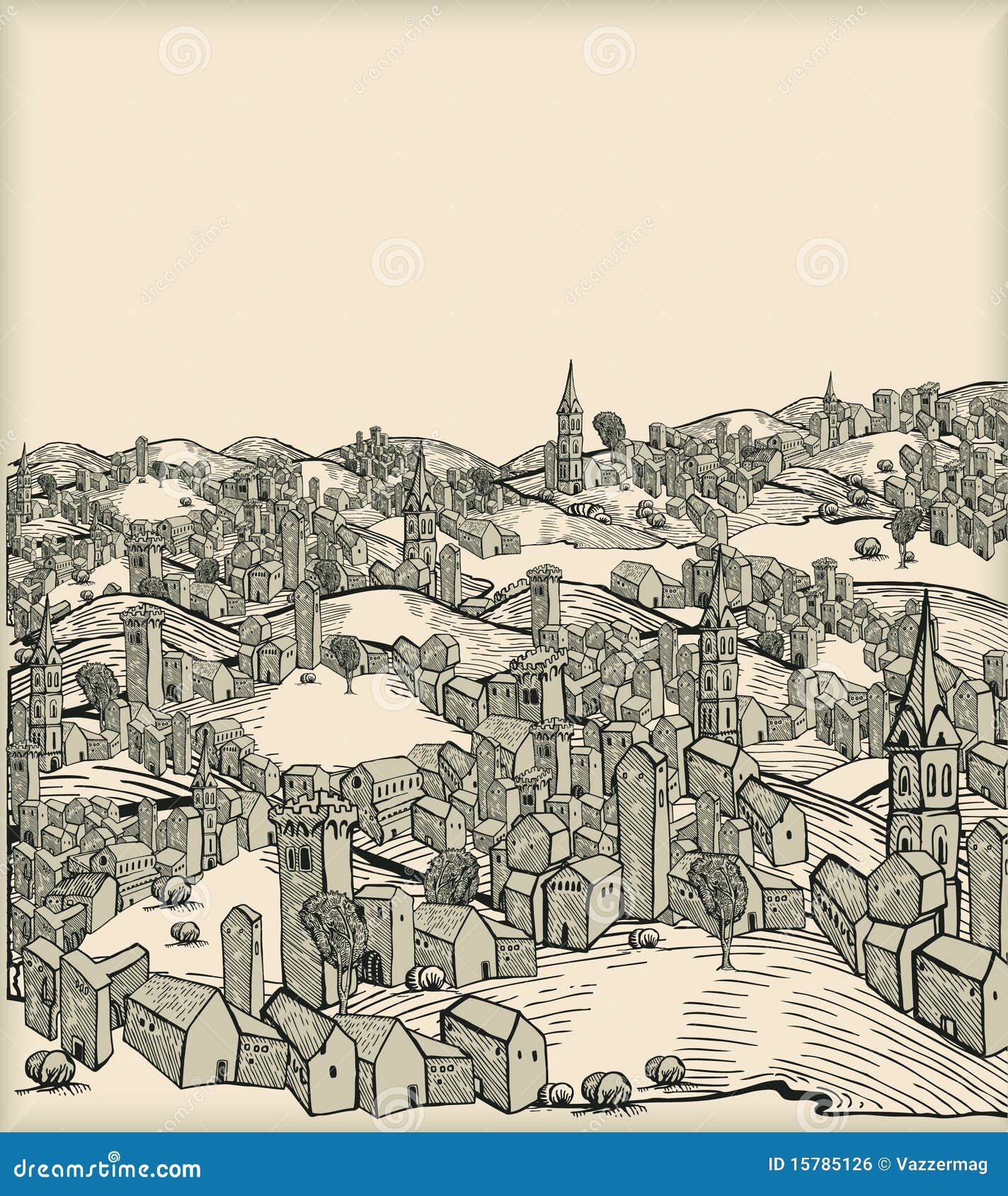 Cidade medieval. Paisagem medieval da cidade. Desenho do vintage.