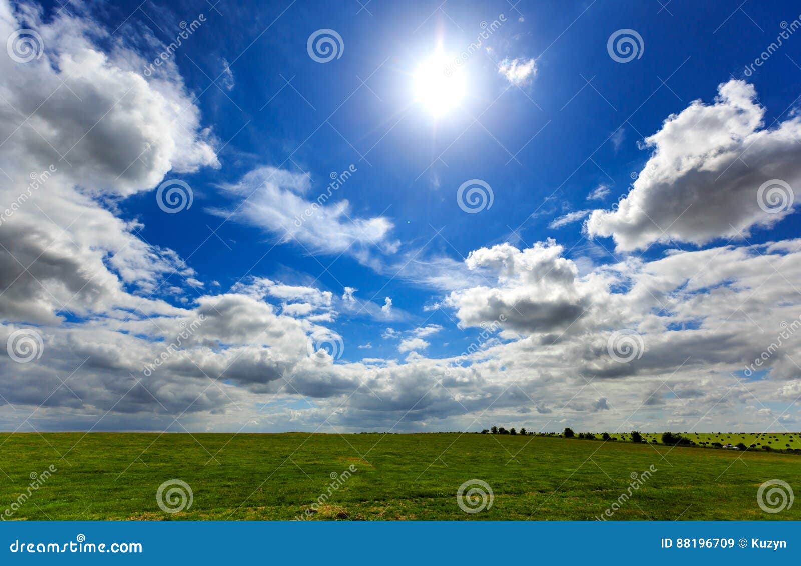 Cielo Nublado Azul Realista Con El Sol Brillante Sobre Campo Verde Del