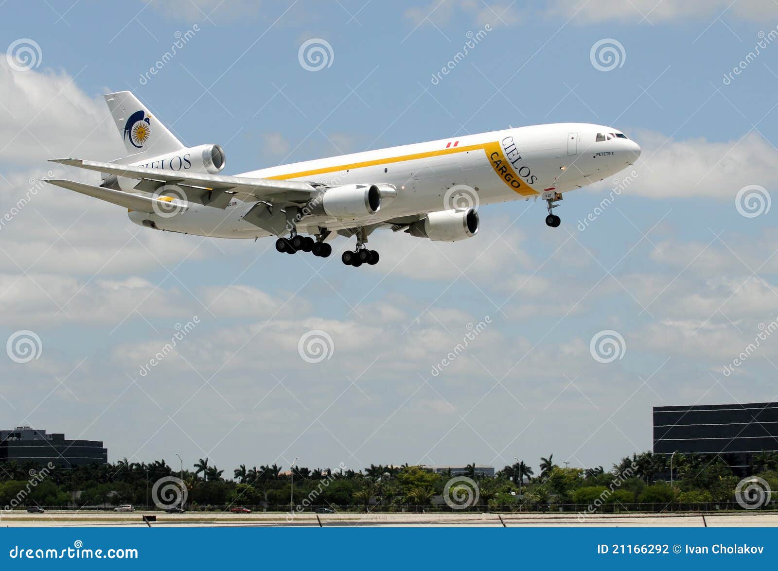 Cielos cargo heavy jet airplane. Miami, USA - May 22, 2010: Cielos Del Peru cargo jet airplane landing at Miami International Airport. The airline provides cargo service between Miamim and Lima, Peru