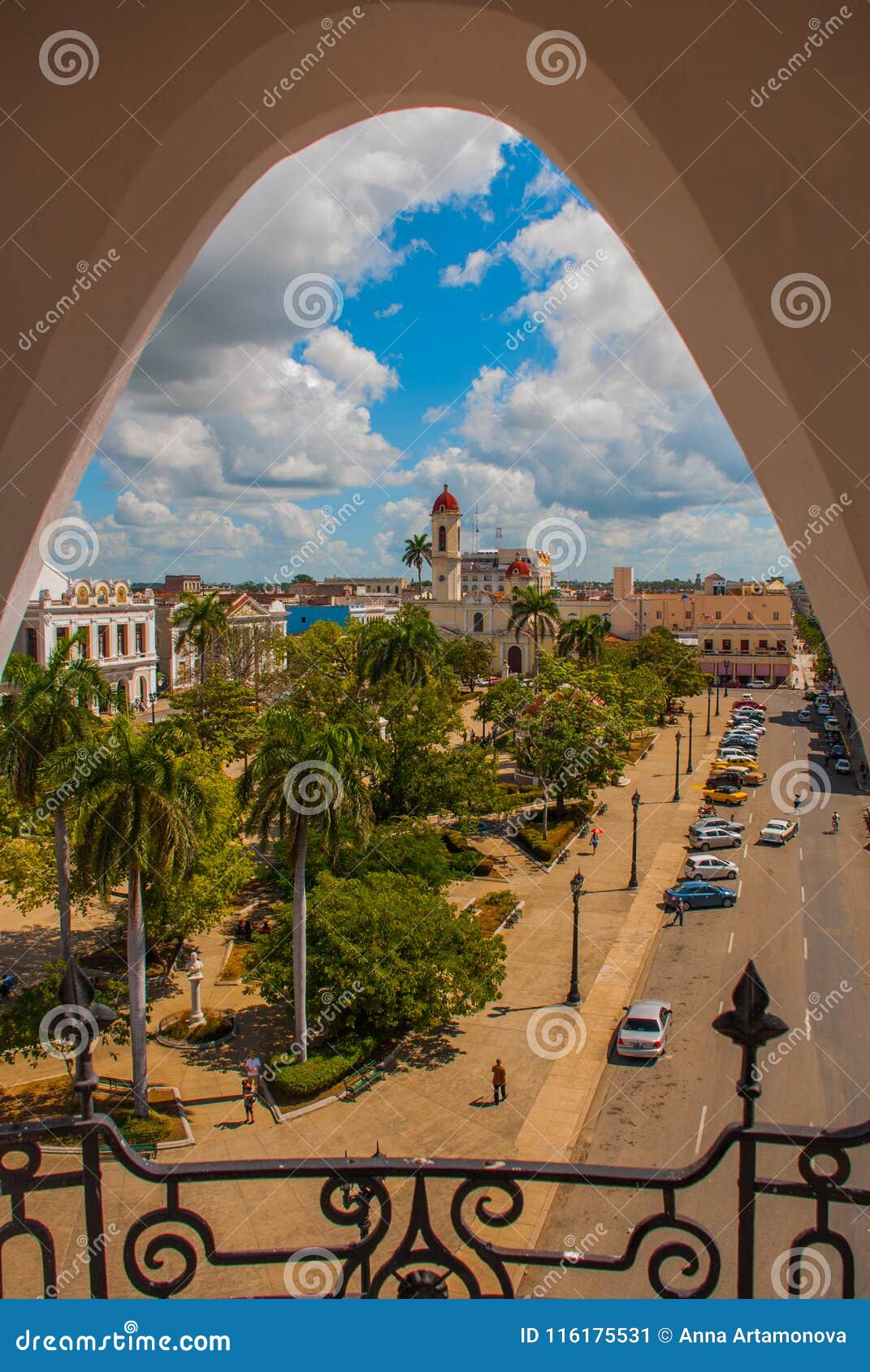 cienfuegos, cuba: view of the cuban city from the top of the arched window. cathedral of immaculate conception, located on marti s