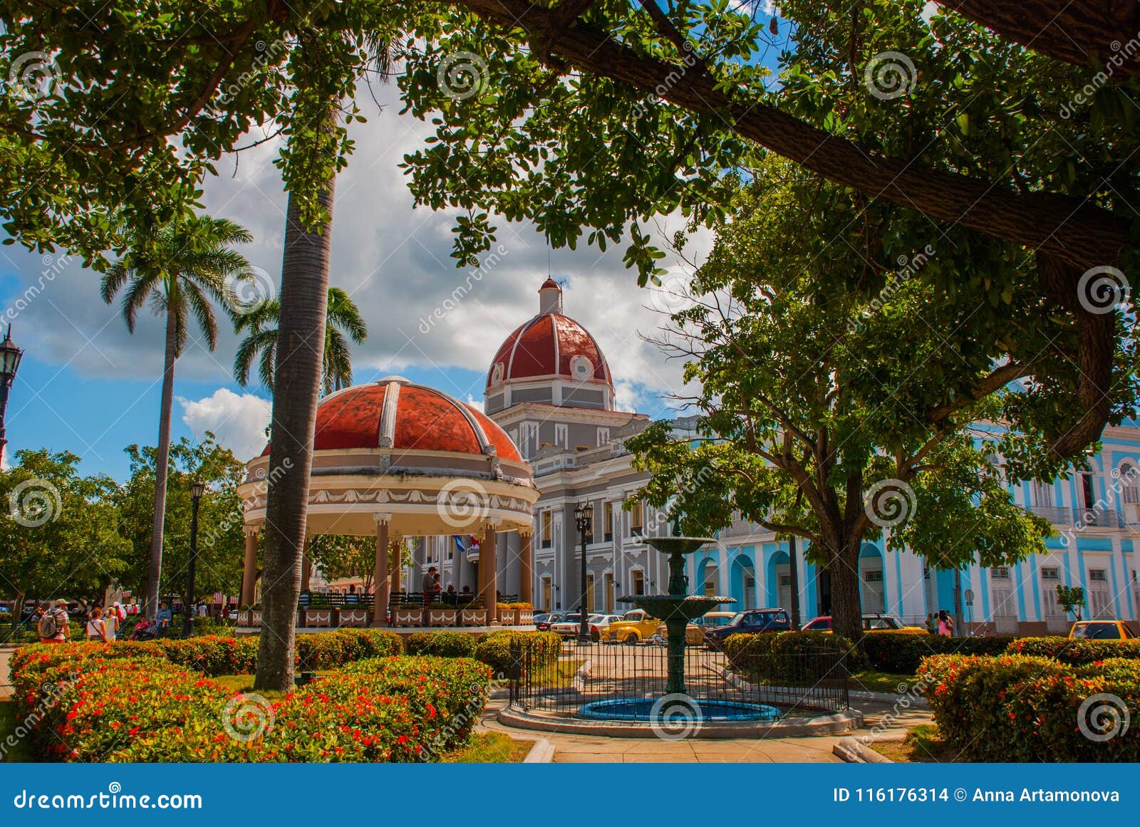 cienfuegos, cuba: view of parque jose marti square in cienfuegos. the municipality and the rotunda with a red dome.