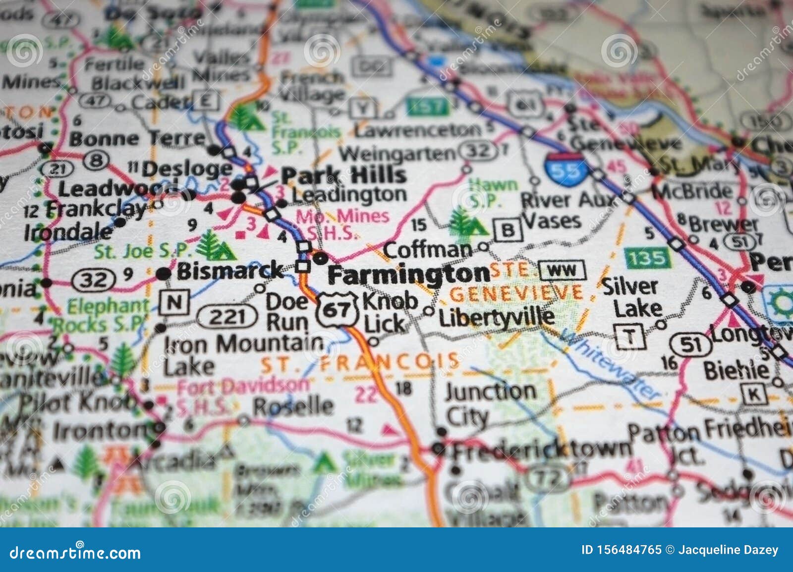 Cierre Extremo De Farmington, Missouri En Un Mapa Imagen de archivo