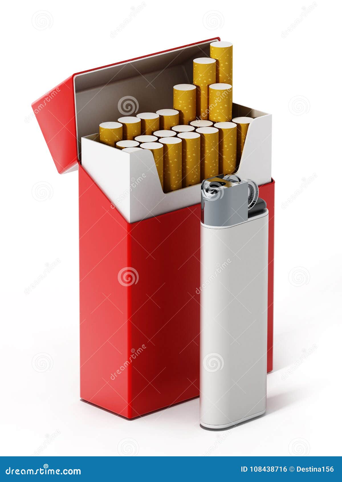 Cigarette Box And Lighter On White Background. 3D Illustration Royalty