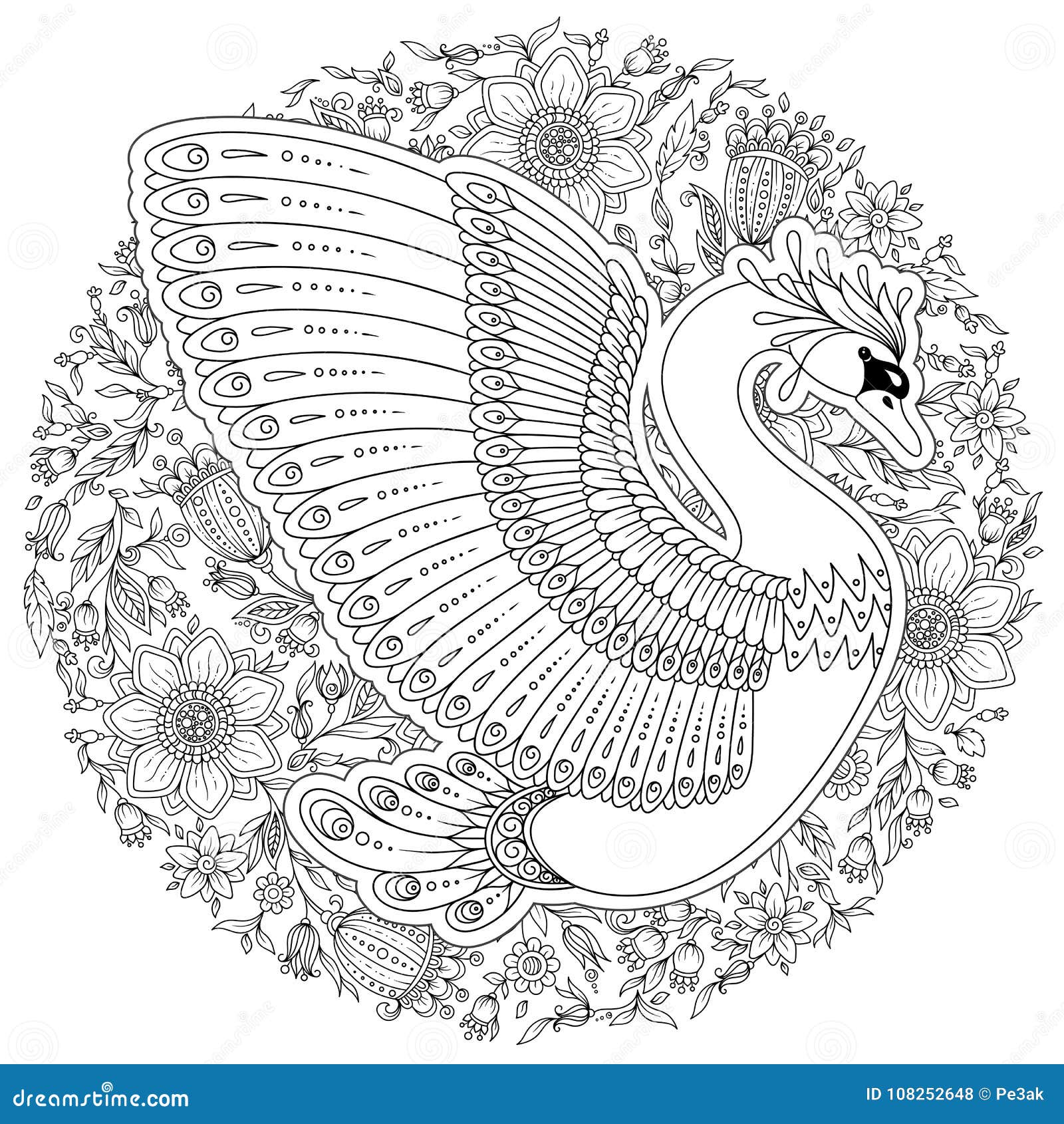 Cigno decorato disegnato a mano Immagine per i libri da colorare adulti pagina
